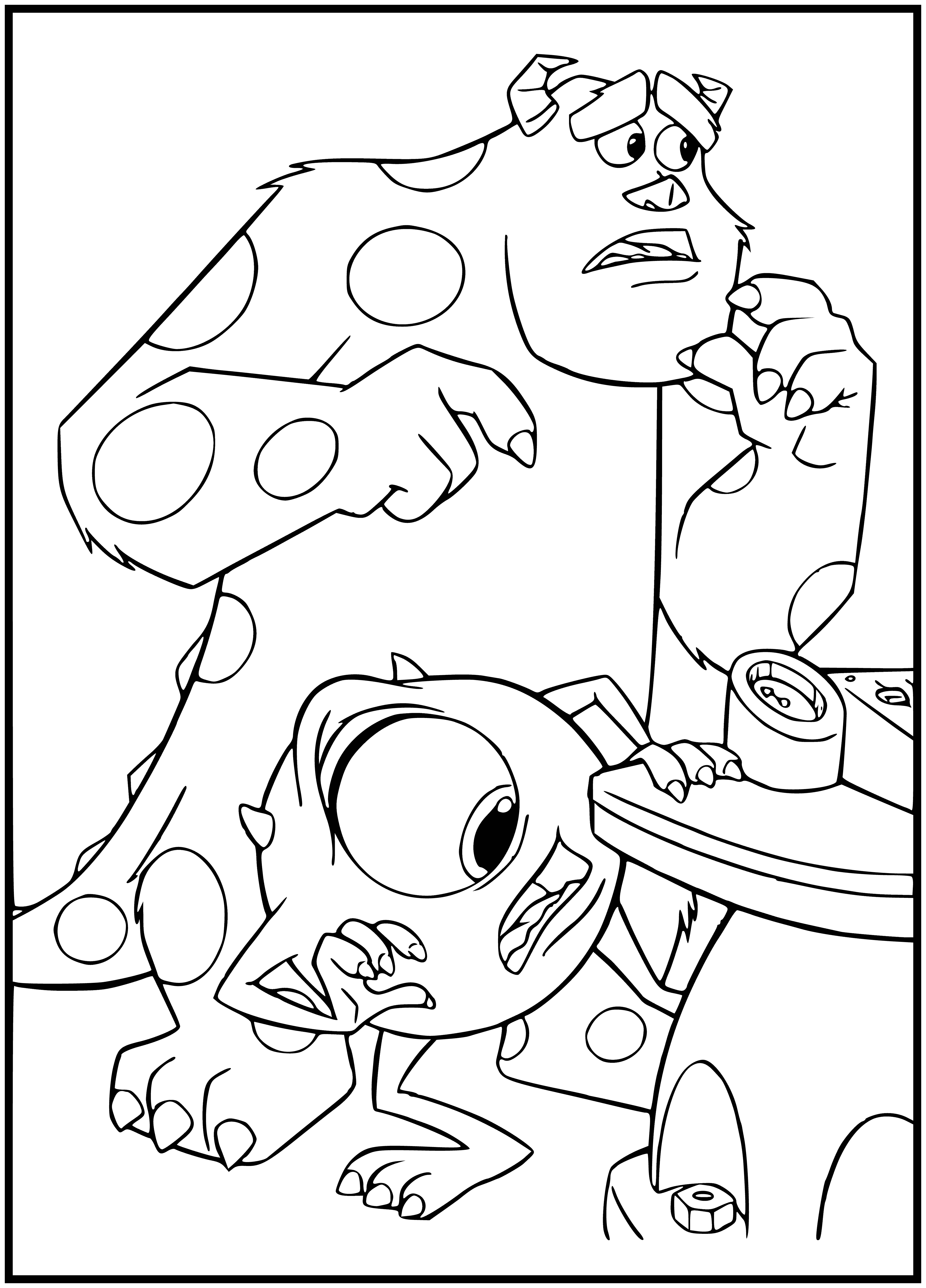 coloring page: Monster hunting through a pile of papers; holding a flashlight, intense concentration visible. #MonsterFun