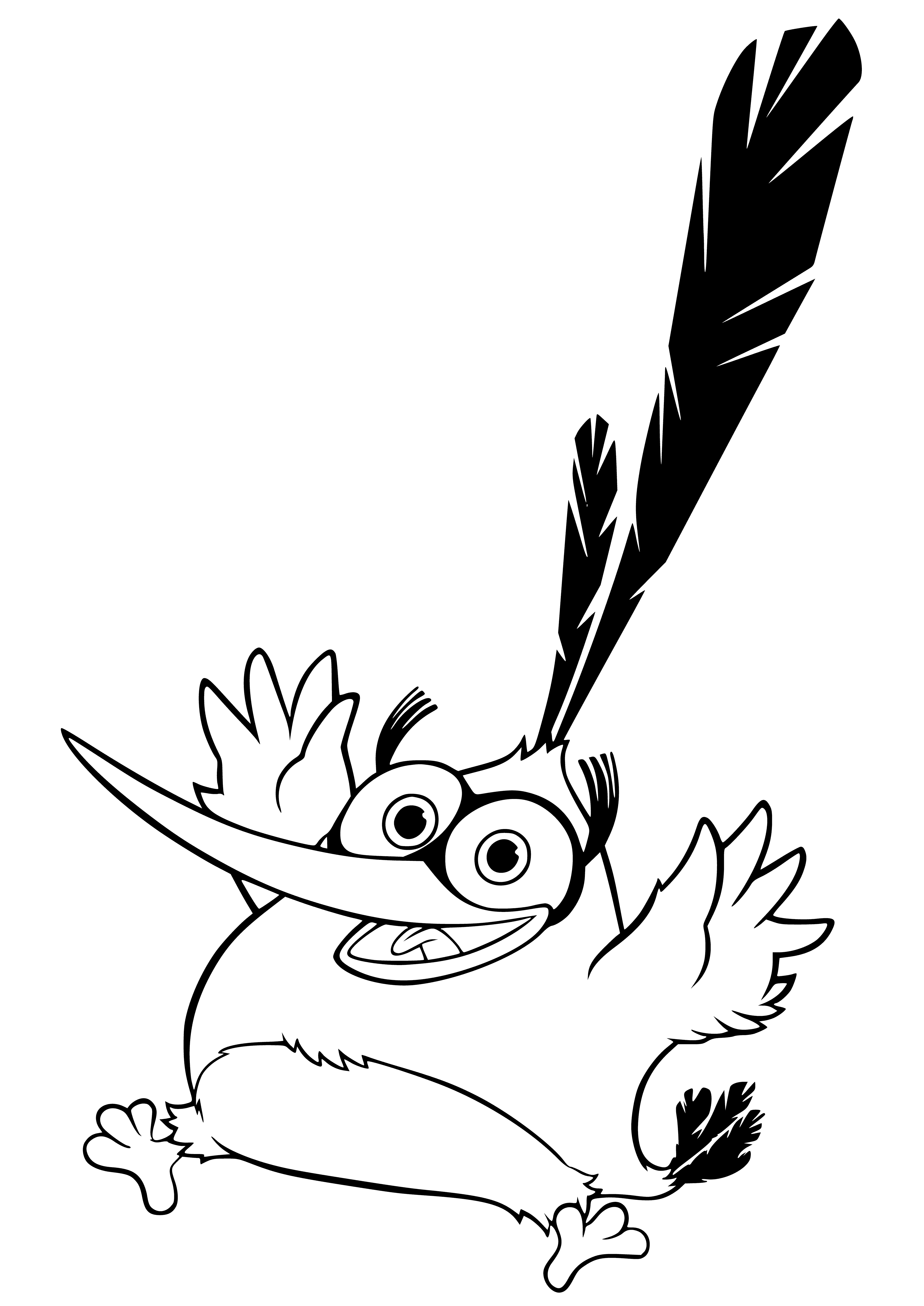 coloring page: Angry birds playing on seesaw! Blue sky flying, green on seesaw, red on ground.