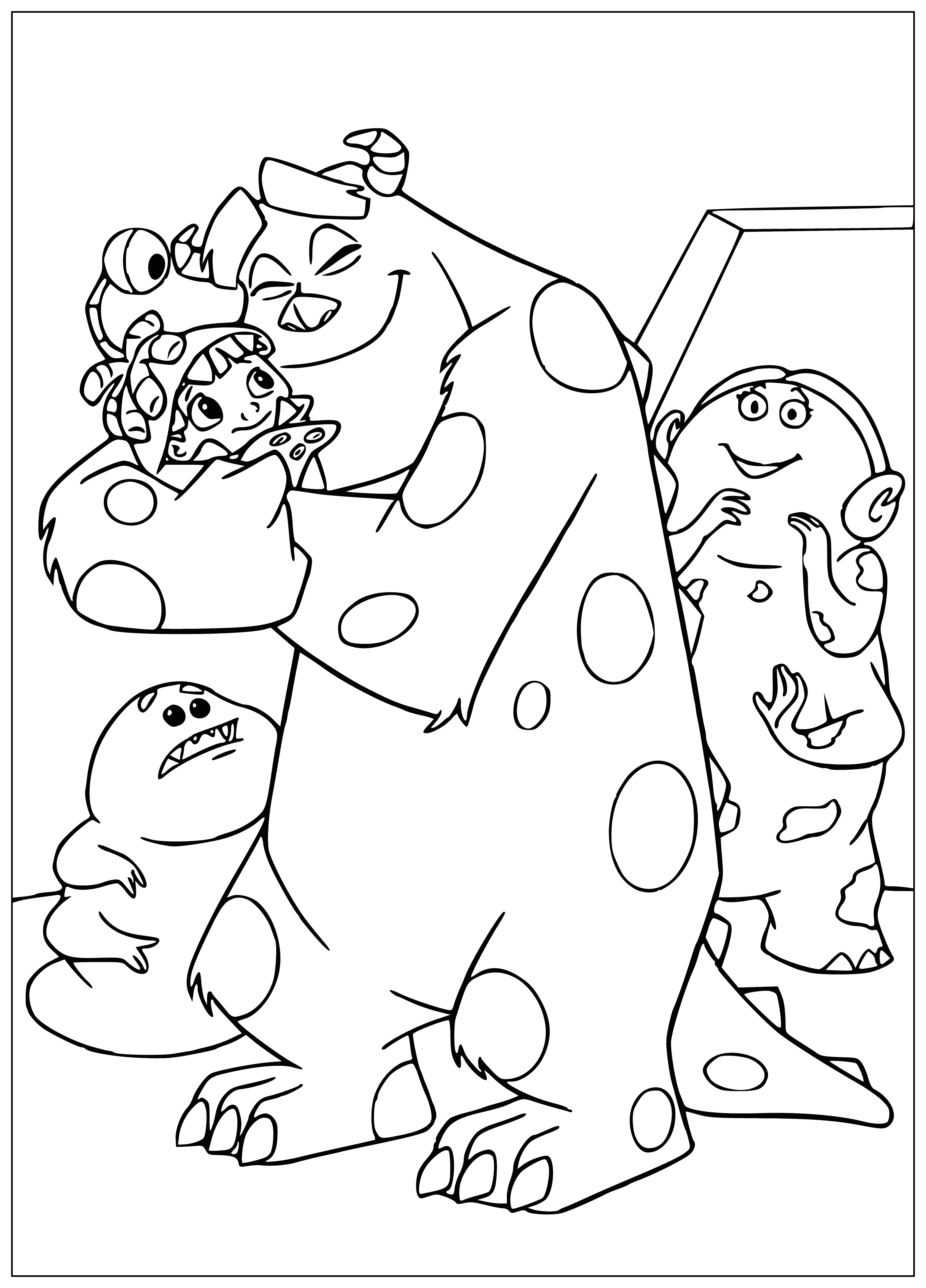 coloring page: Group of monsters gathered around, looking excited at a drawing with the word "FOUND!" written below it. #MonsterInc #ColoringPage