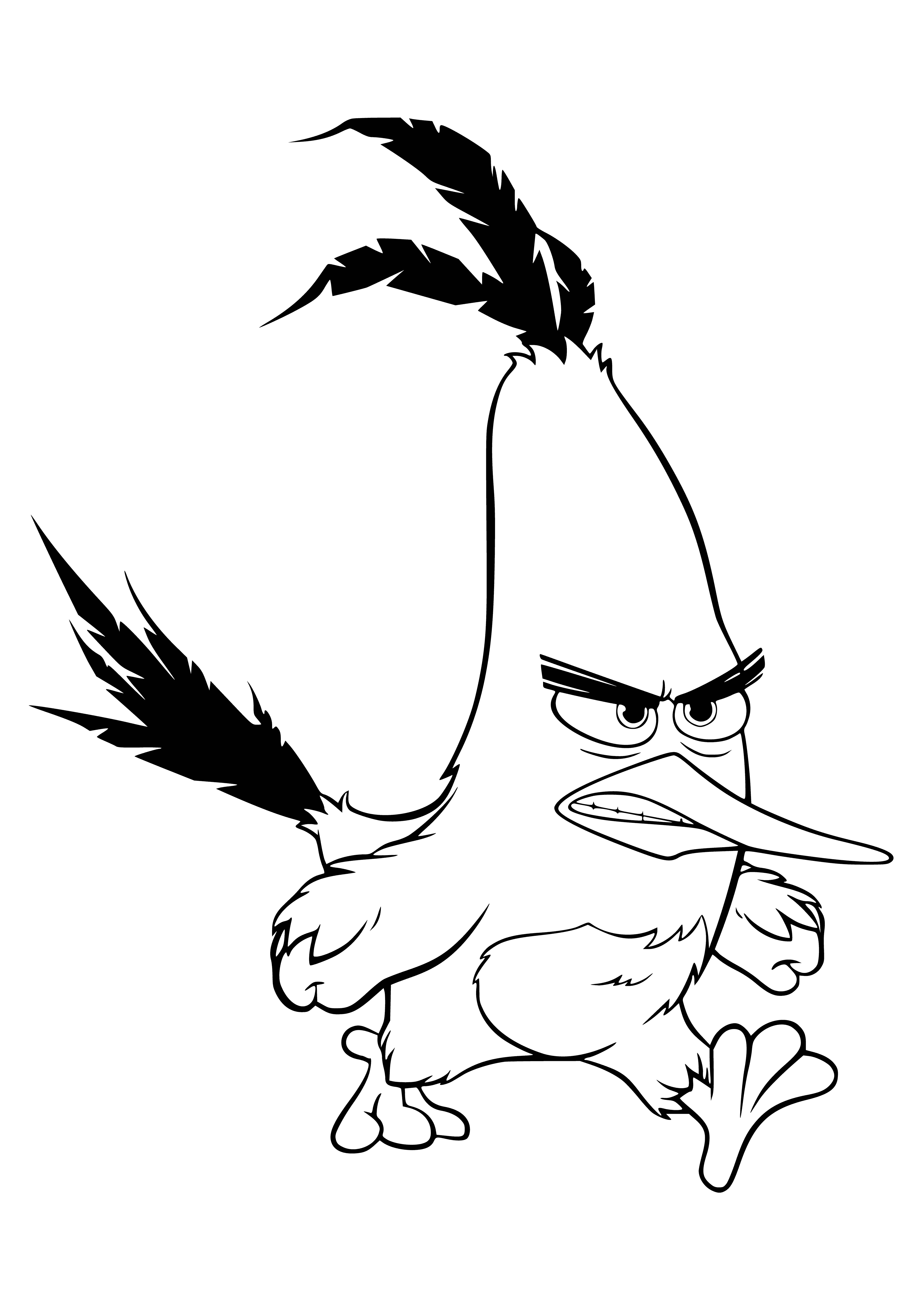 coloring page: Angry Bird Chuck is a red bird with black eyes and beak, angrily standing on a branch with spread wings.