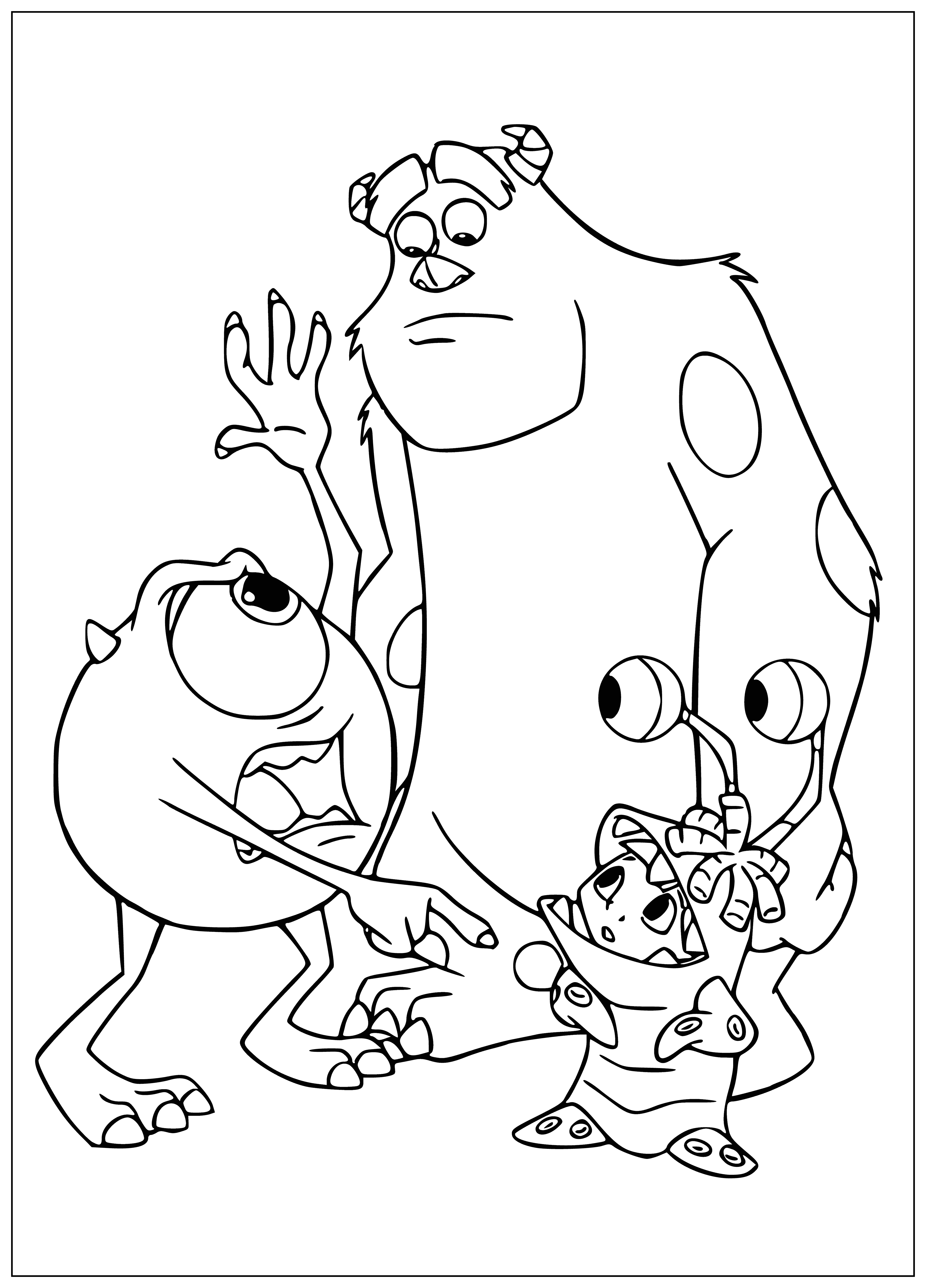 coloring page: Large blue monster comforting smaller purple one, both looking concerned.
