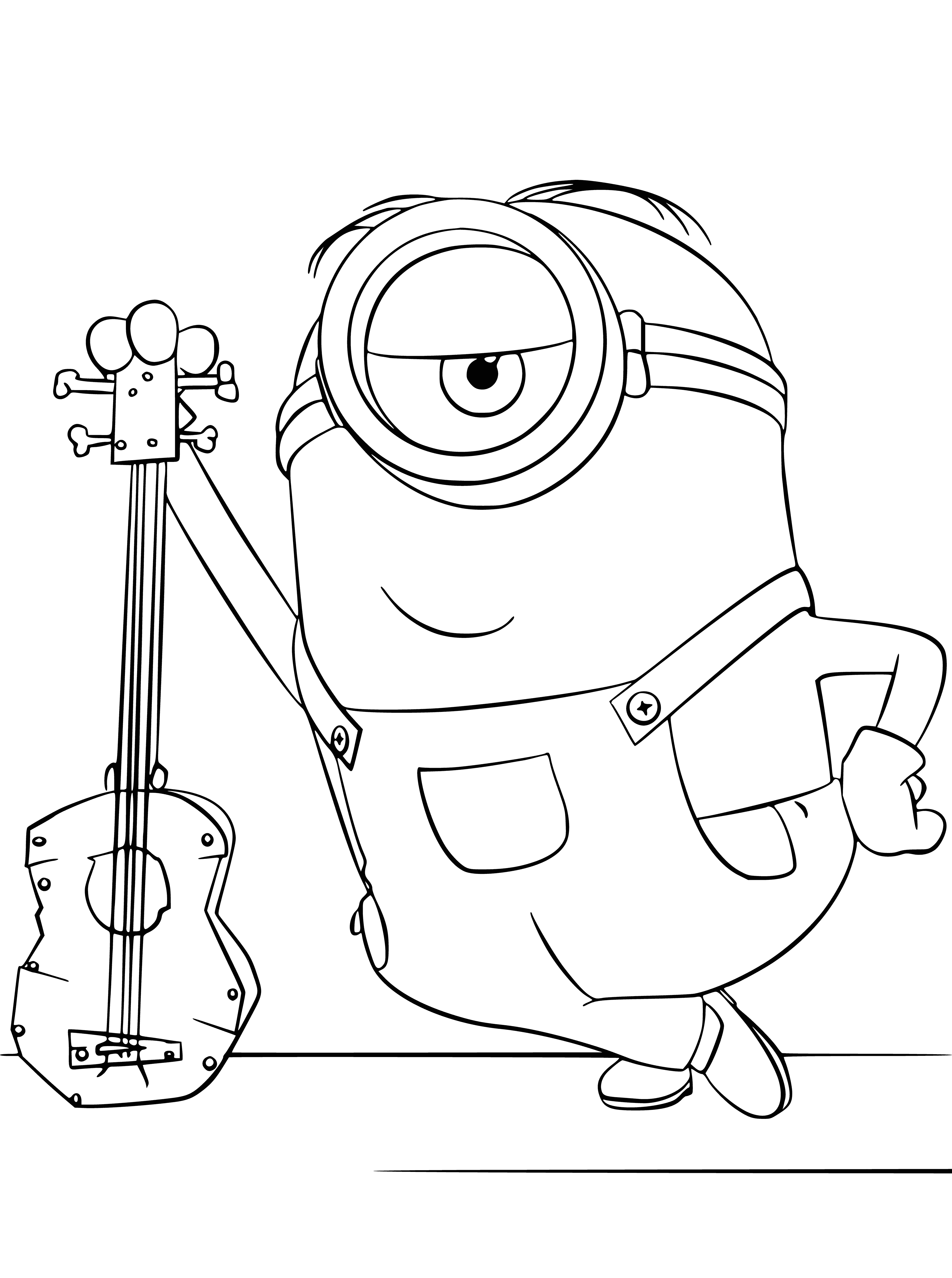 coloring page: Minions are yellow, cylindrical followers of Gru who often do his bidding. One Minion, Stewart, is playing the guitar in blue overalls & hat.