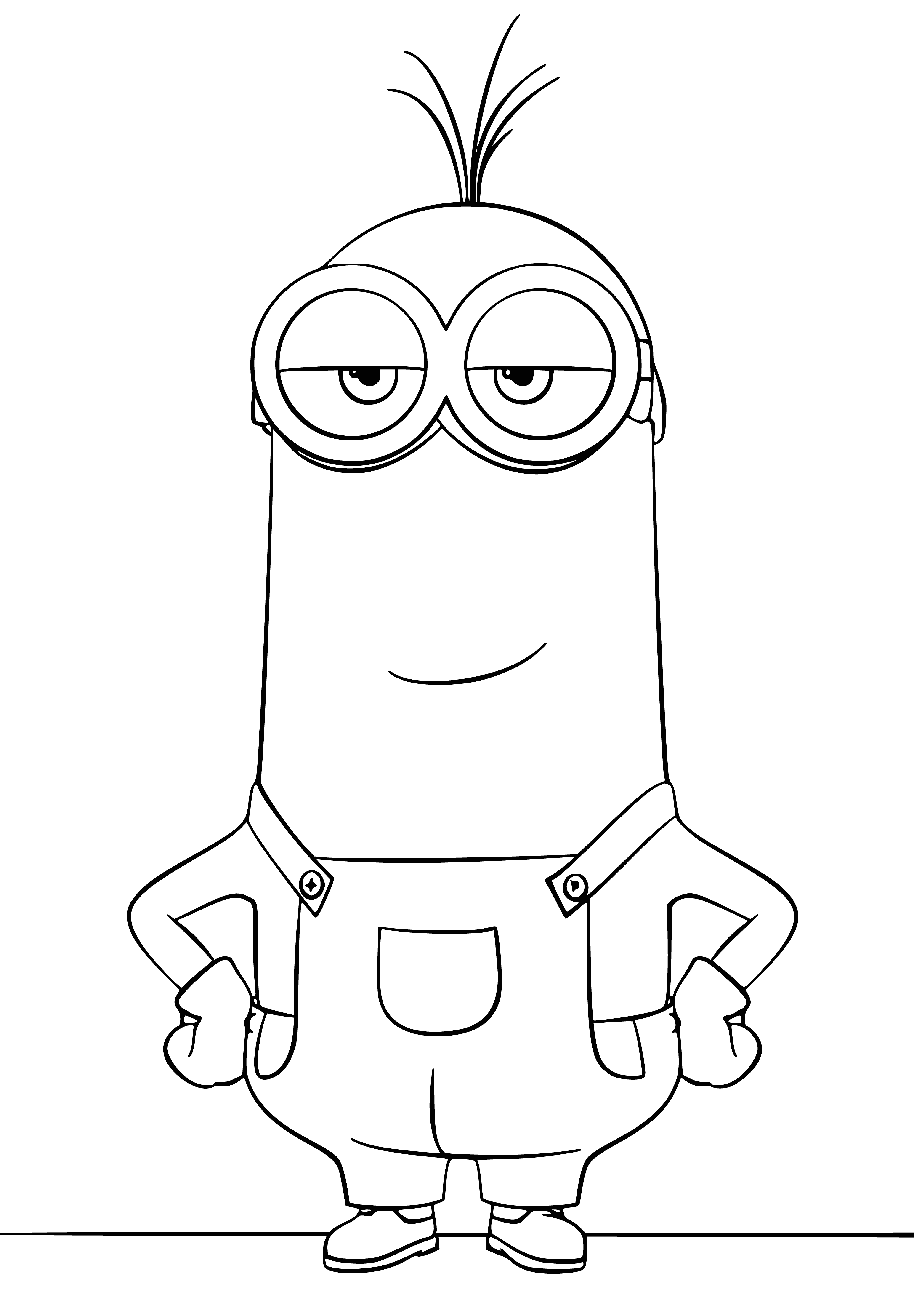 coloring page: A minion named Kevin with two eyes, blue overalls, yellow skin, bald head and a banana in his left hand.