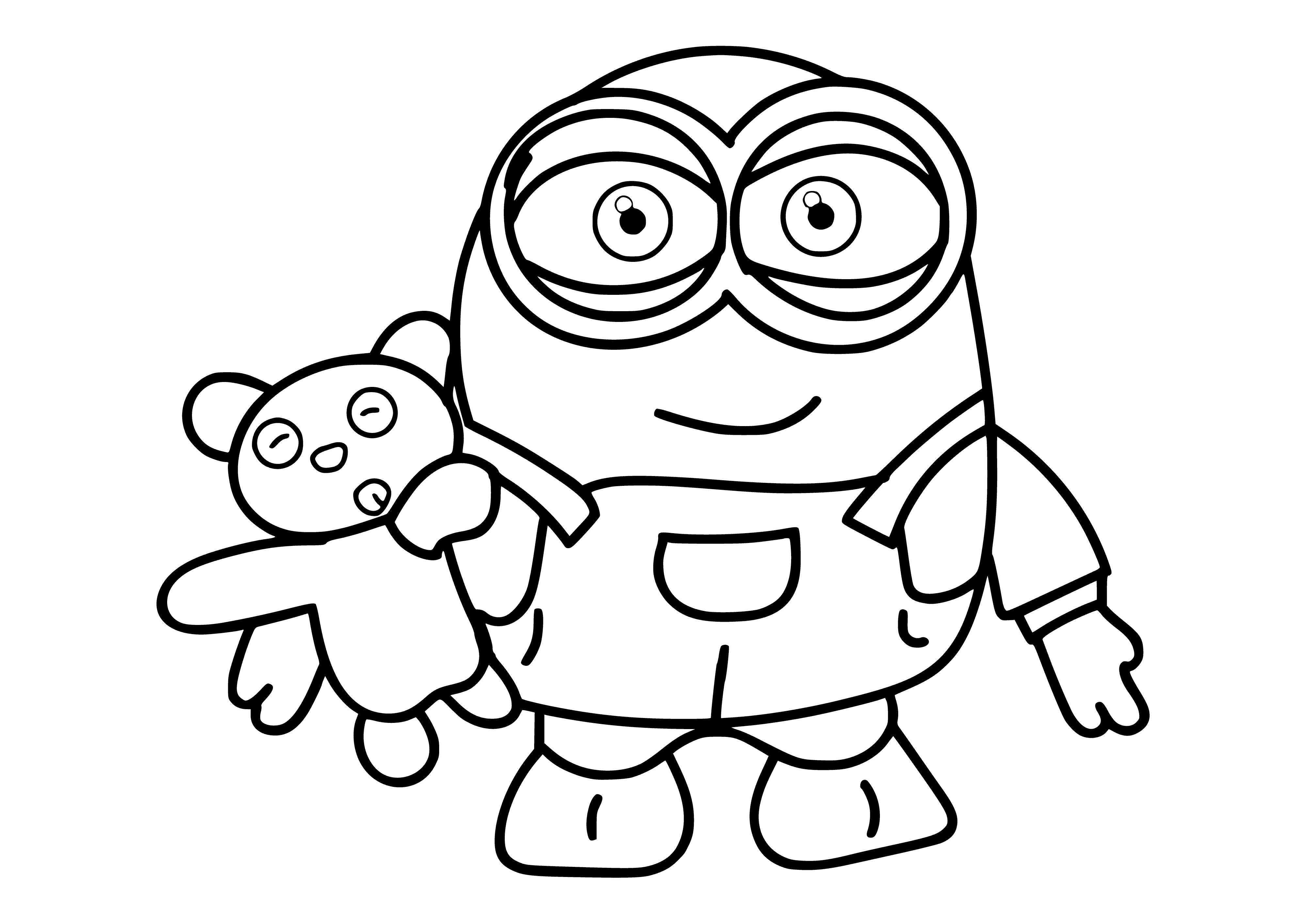 coloring page: Bob, a bald, yellow Minion with two big eyes, holds a banana in his left hand and wears blue overalls.