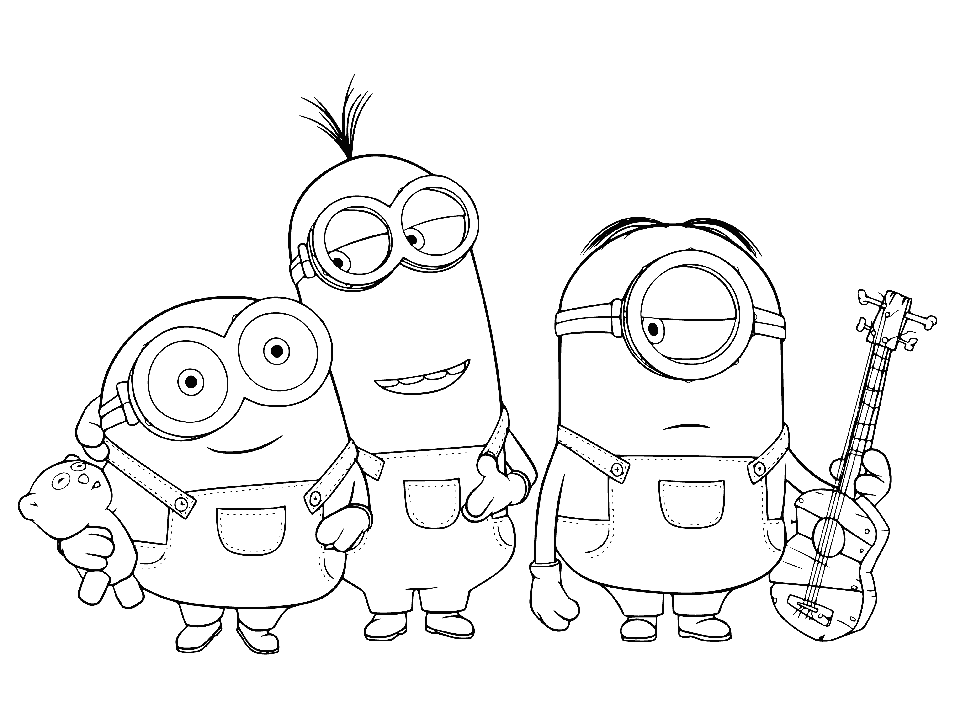 coloring page: Three Minions: Bob, Kevin, and Stewart. All wearing blue overalls, yellow skin, 2 eyes, small noses & mouths. Arms & legs proportional to body.