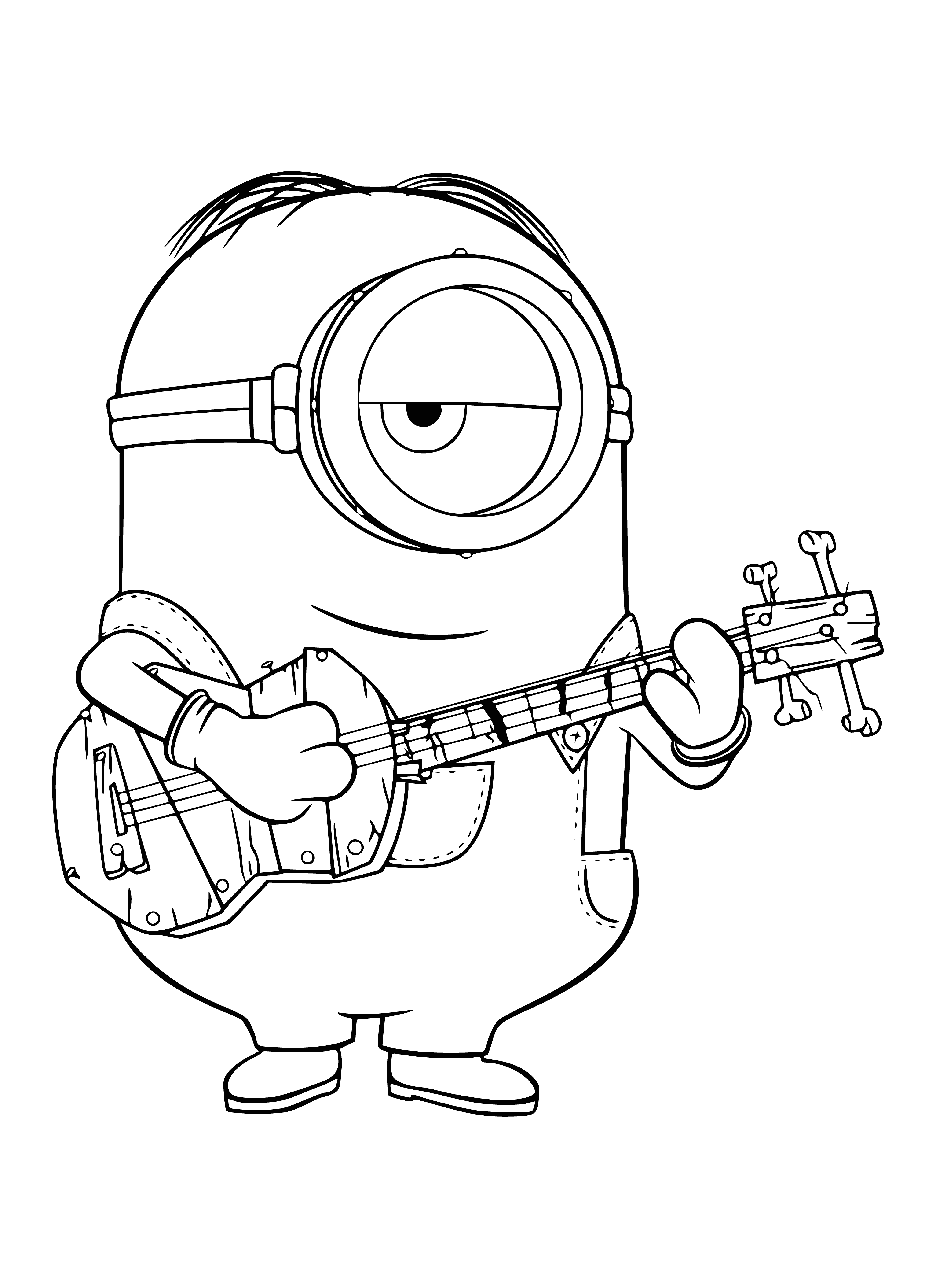 coloring page: Stuwal the Minion, small w/2 eyes, yellow skin, blue overall & mean expression, plays a guitar, has dark brown hair. #DespicableMe
