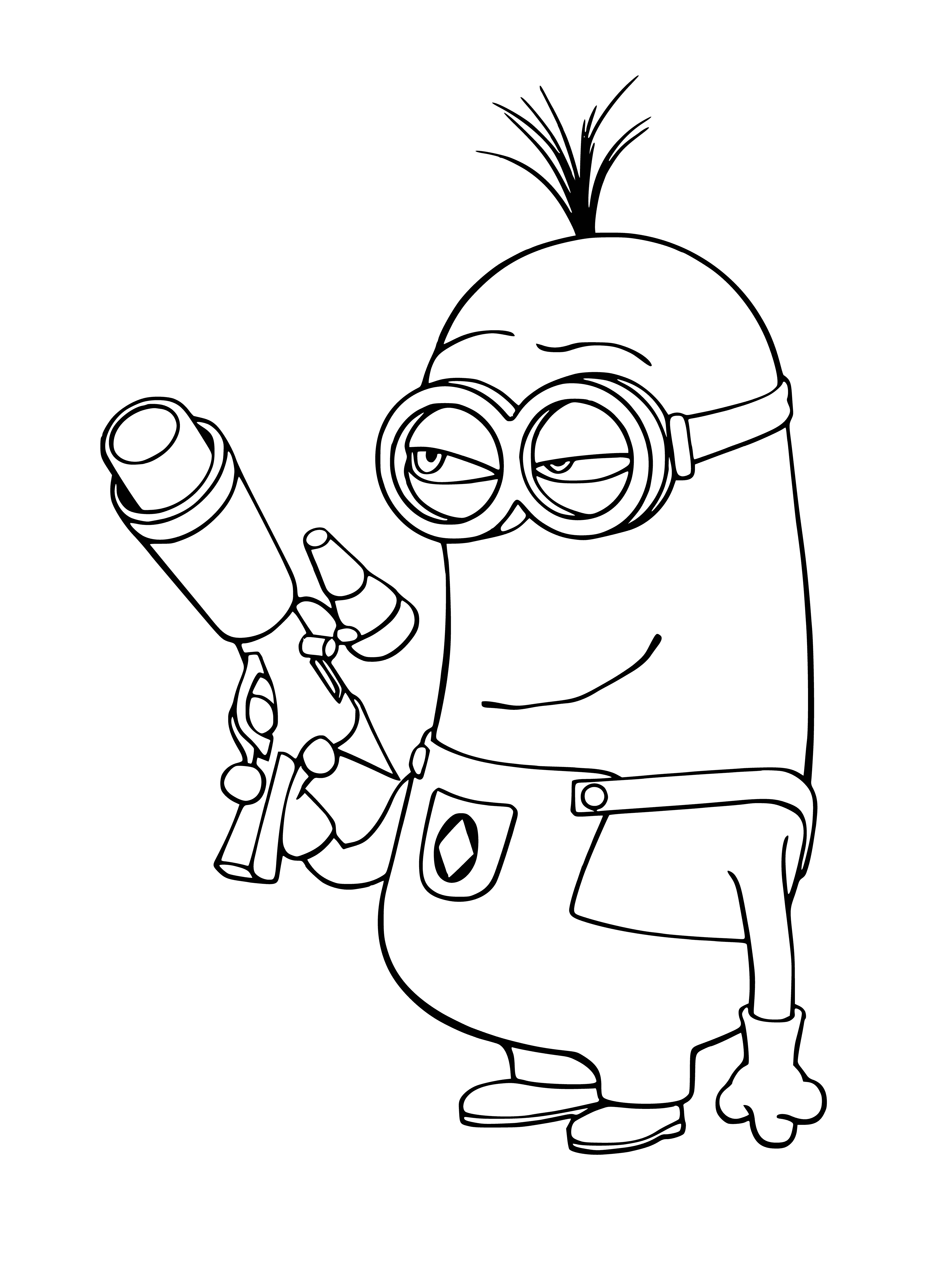 coloring page: Small, fluffy minion happily eating a banana is shown on a fun coloring page with big blue eyes.