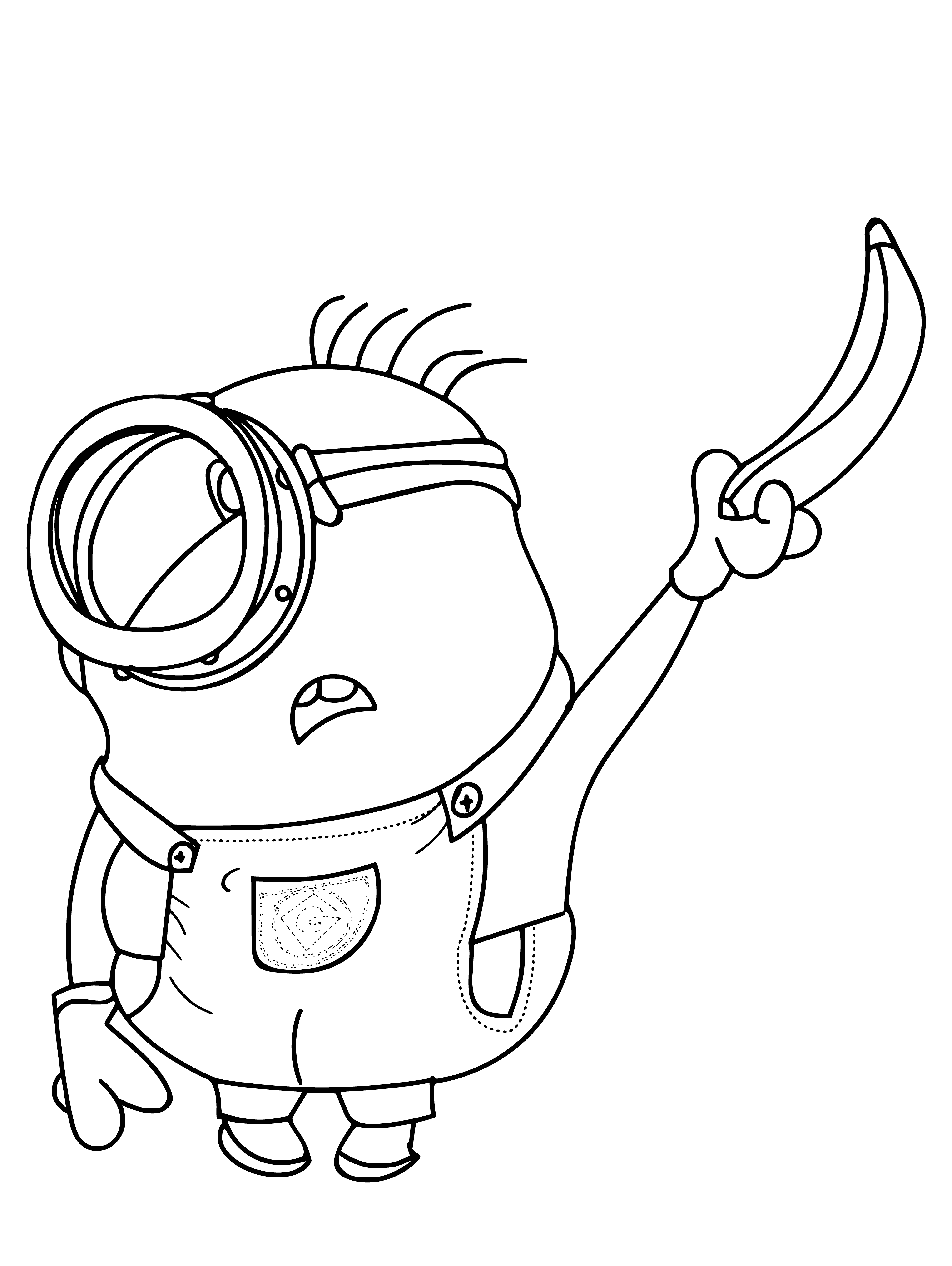 coloring page: Minion with yellow skin holding a brown-spotted yellow banana looks at camera. #coloringpage
