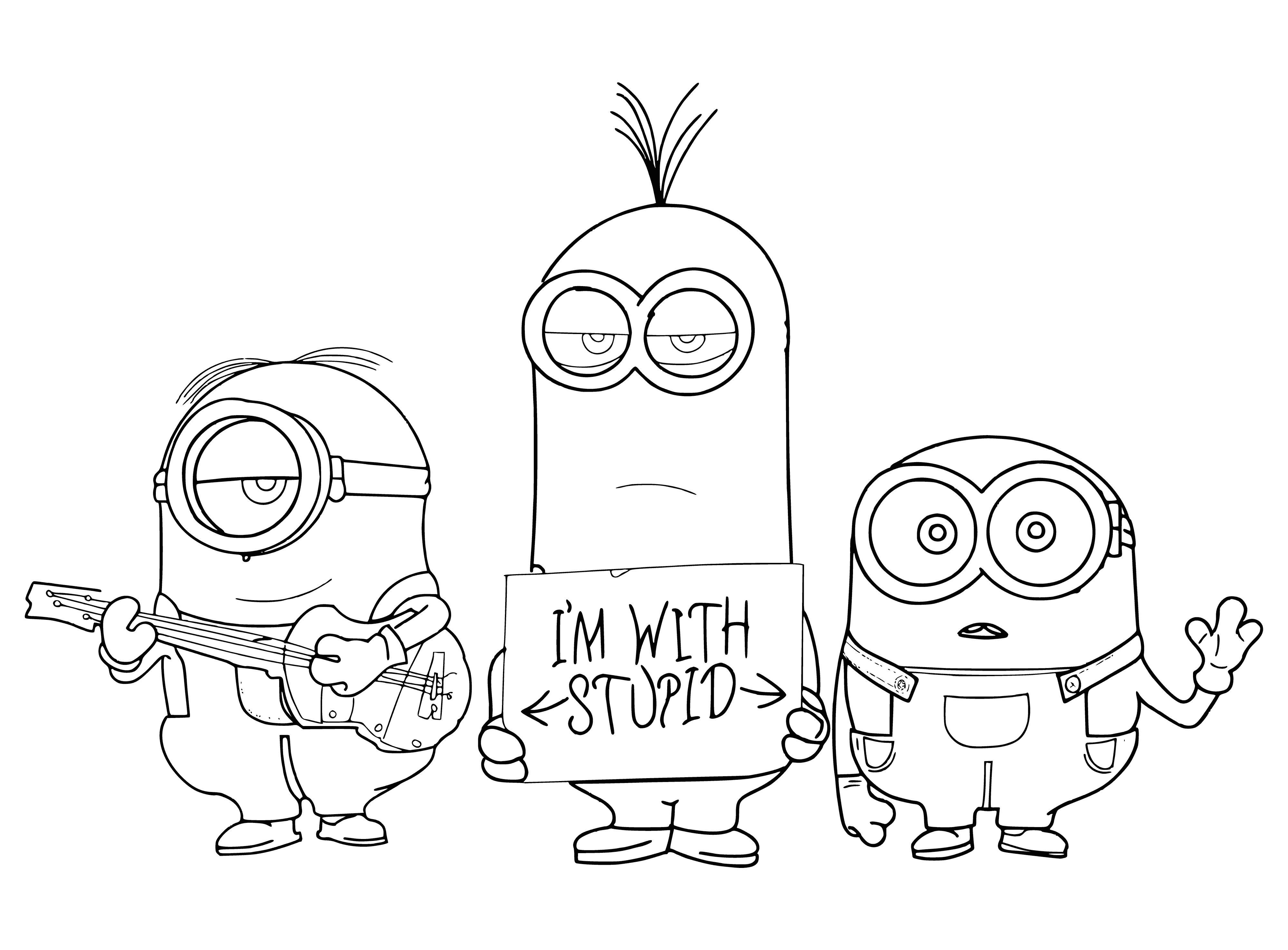 coloring page: Minion in black top & jeans holding remote has yellow skin & one blue eye; slicked back hair. #minions #coloringpages