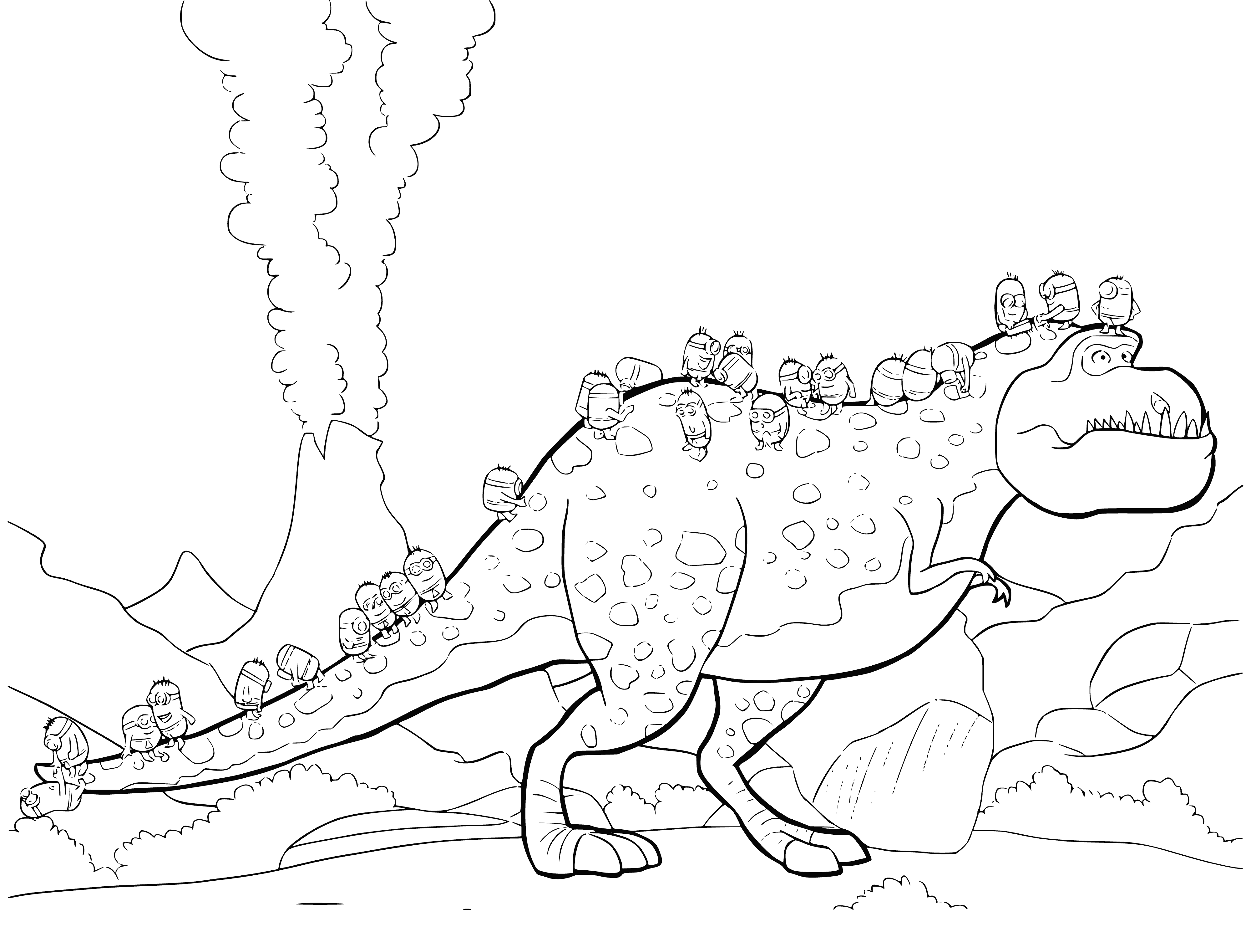 Minions on a dinosaur coloring page