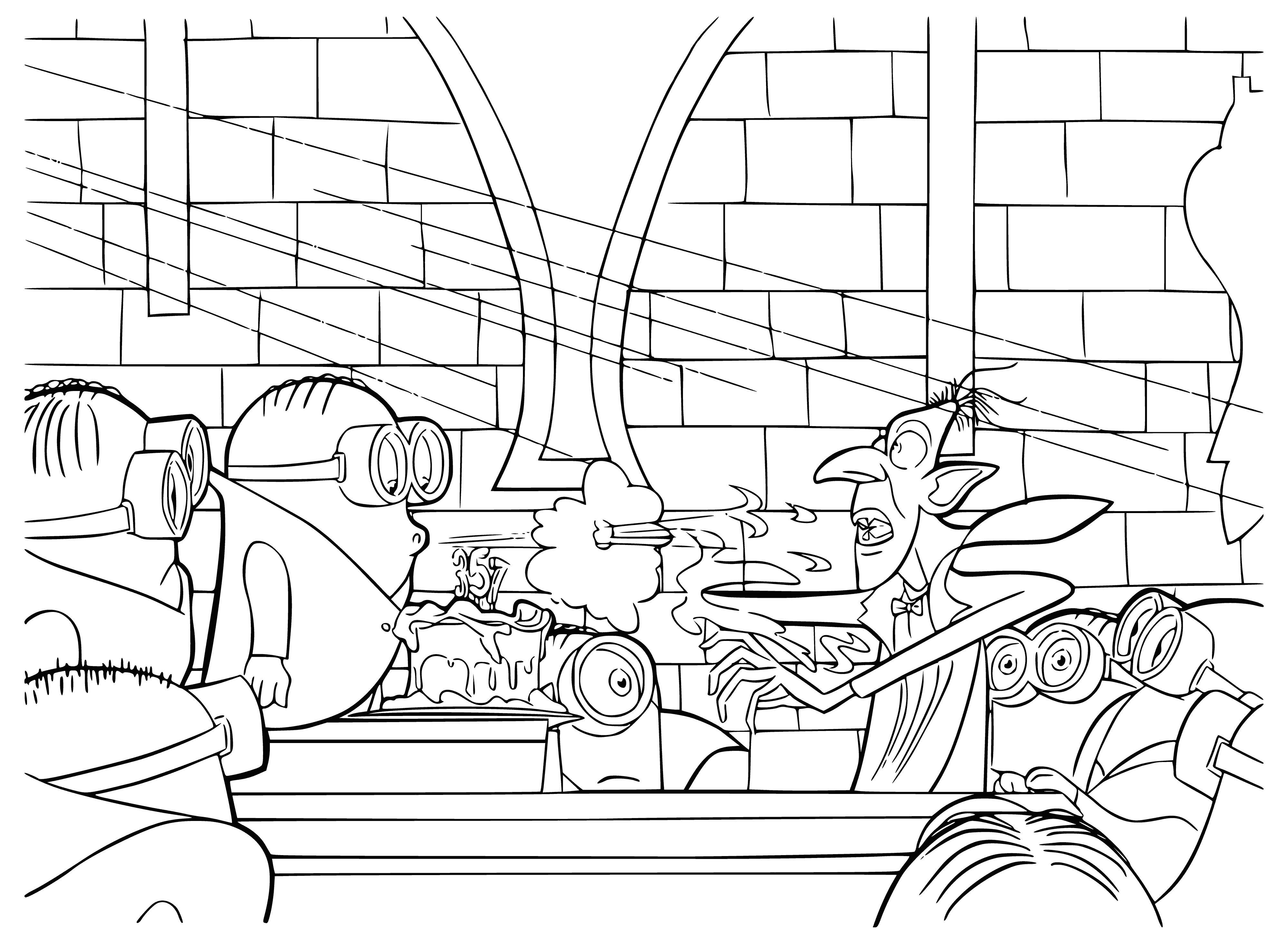 coloring page: Minions gather around Dracula's castle wearing purple costumes and white gloves, some with brooms and others with pumpkins.