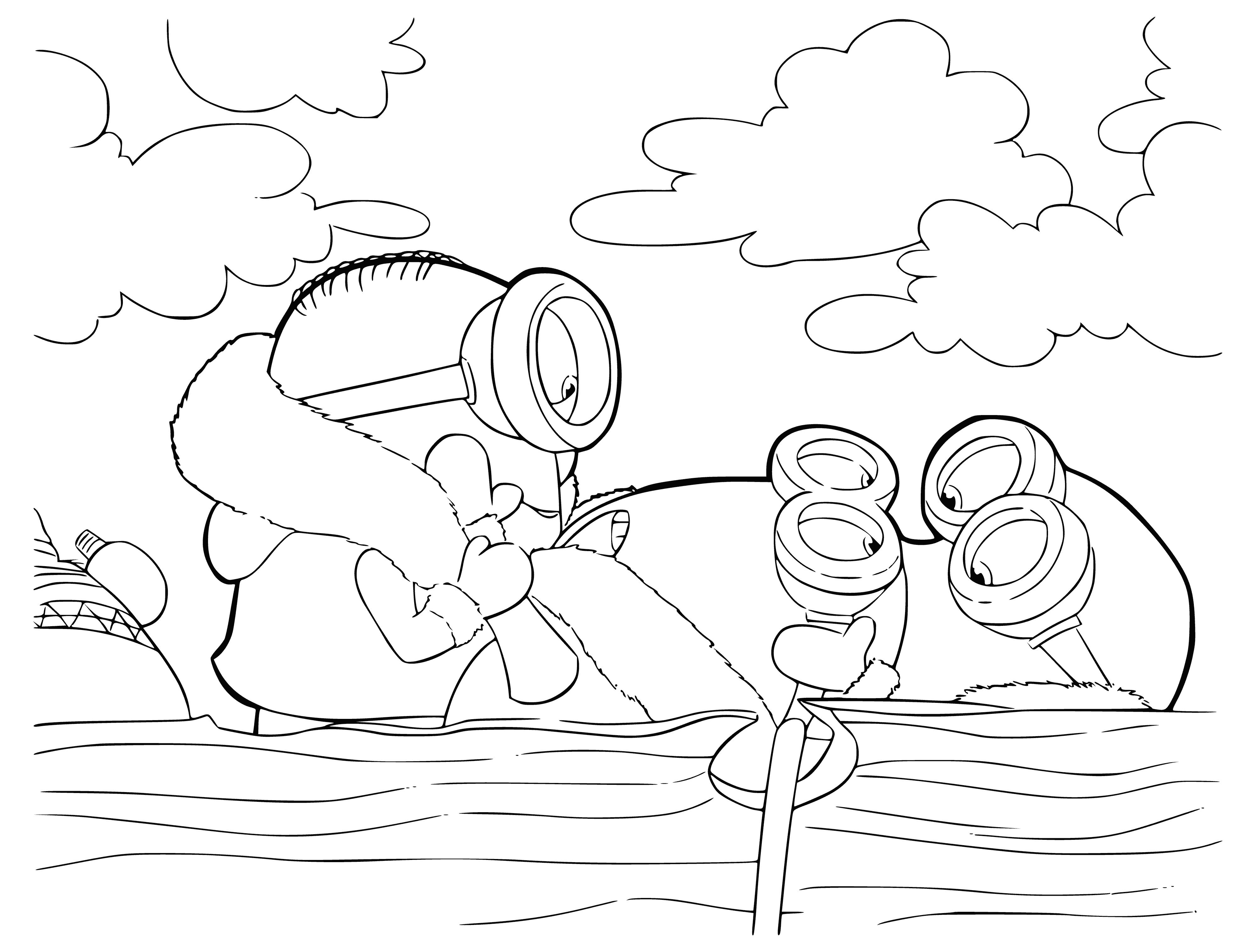 coloring page: Three Minions wearing warm clothes explore the chilly north, snowboarding and throwing snowballs. They look happy and excited!