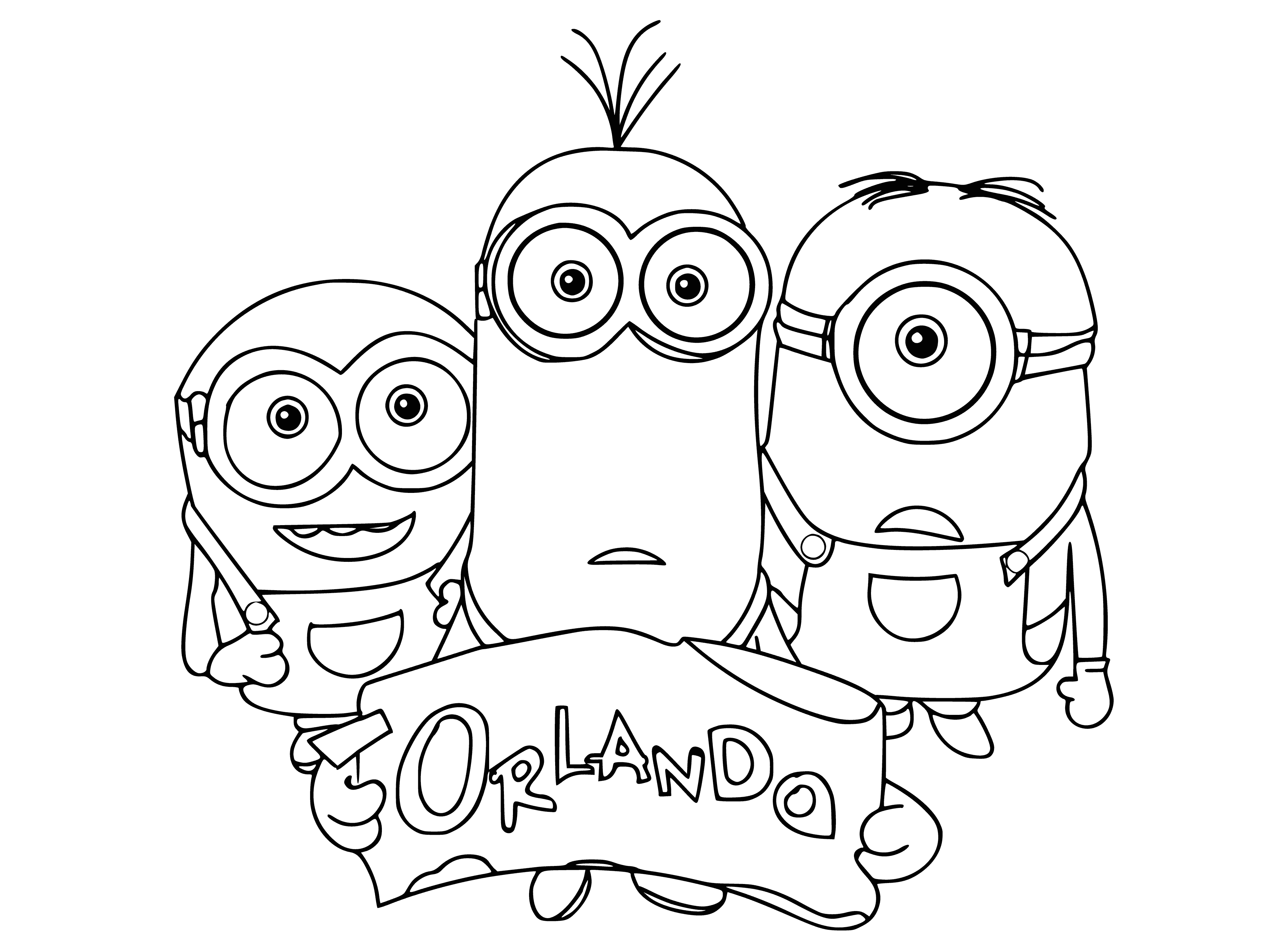 coloring page: Minions gather around map of Orlando, planning their trip to the "happiest place on earth", all in their signature blue and yellow attire. Excited chatter fills the air.