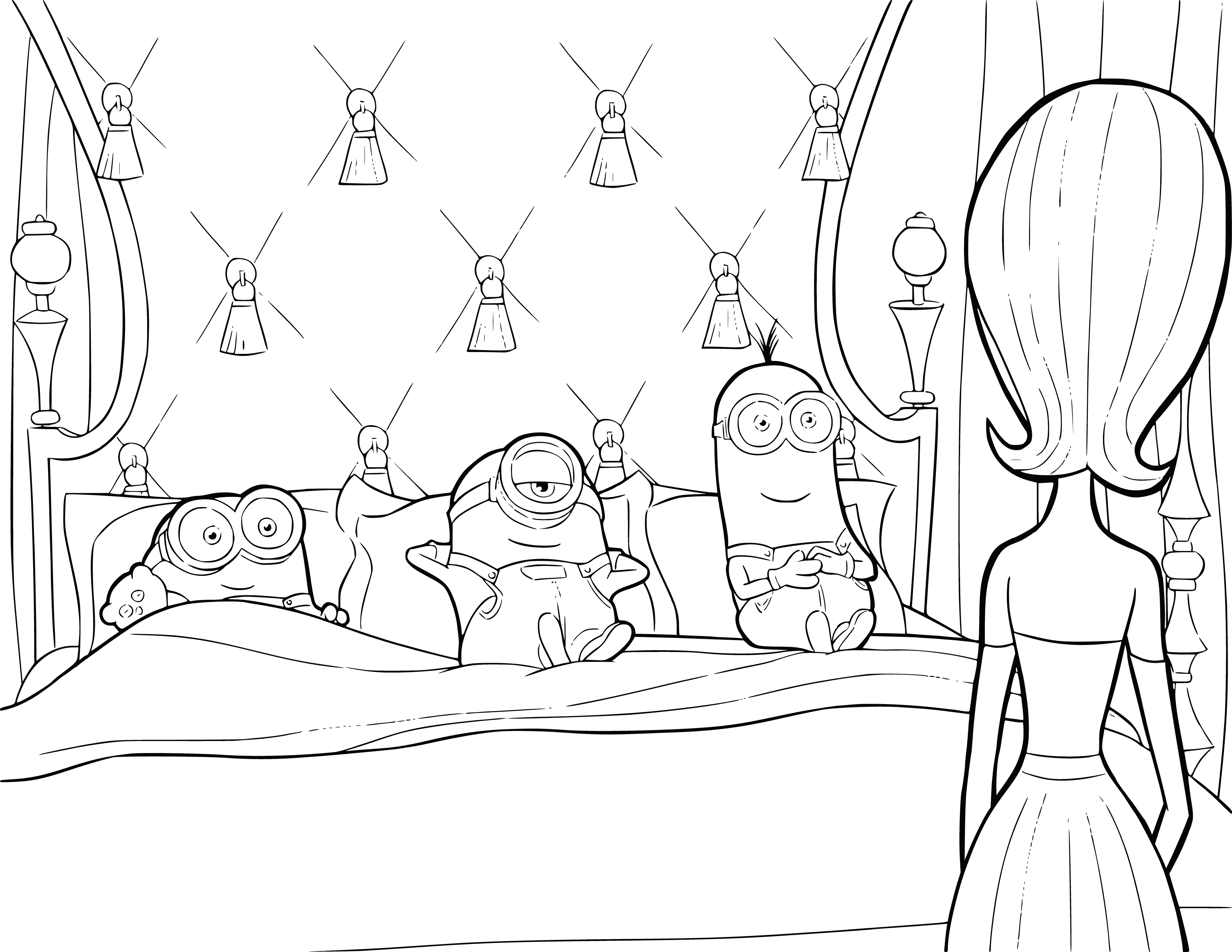 Minions in bed coloring page