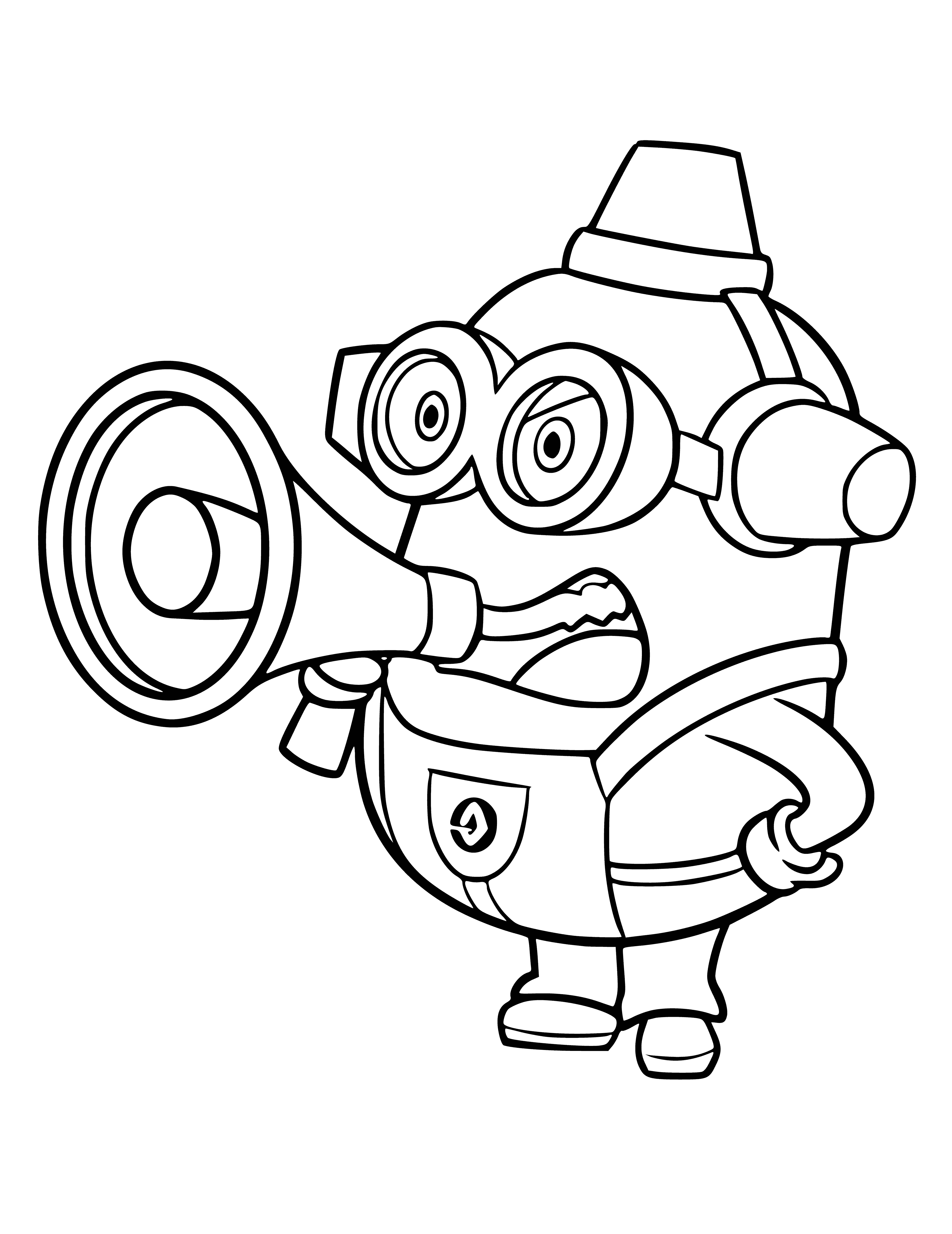 coloring page: Small yellow Minion with blue overalls, 2 eyes, wide mouth & 2 teeth. Holding shield & sword in each hand, it colors a page. #DespicableMe