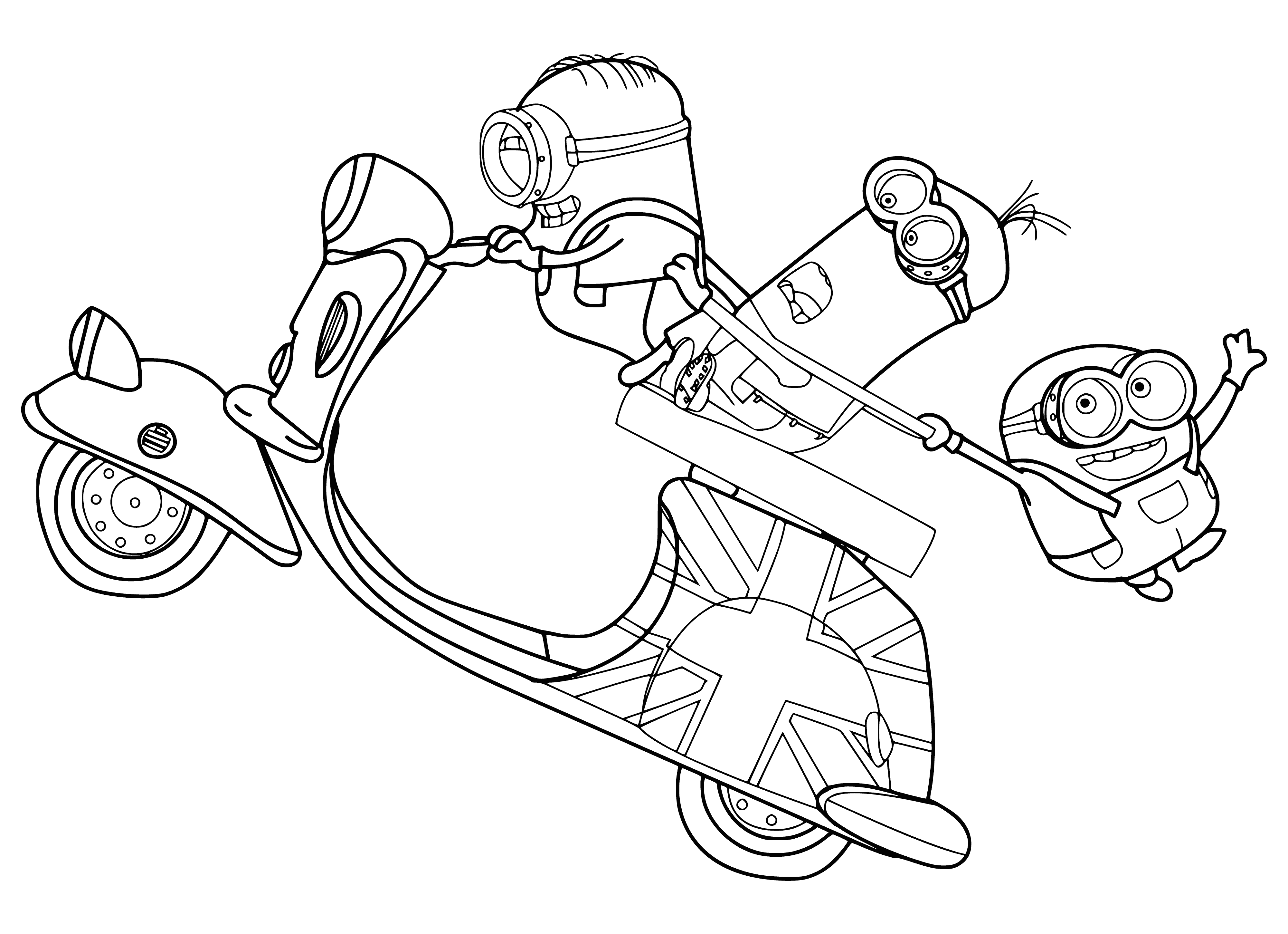 coloring page: Minions on motorcycle: orange, one-eyed, blue overalls, yellow hair; one Minion driving, one sitting in back. #minionmania