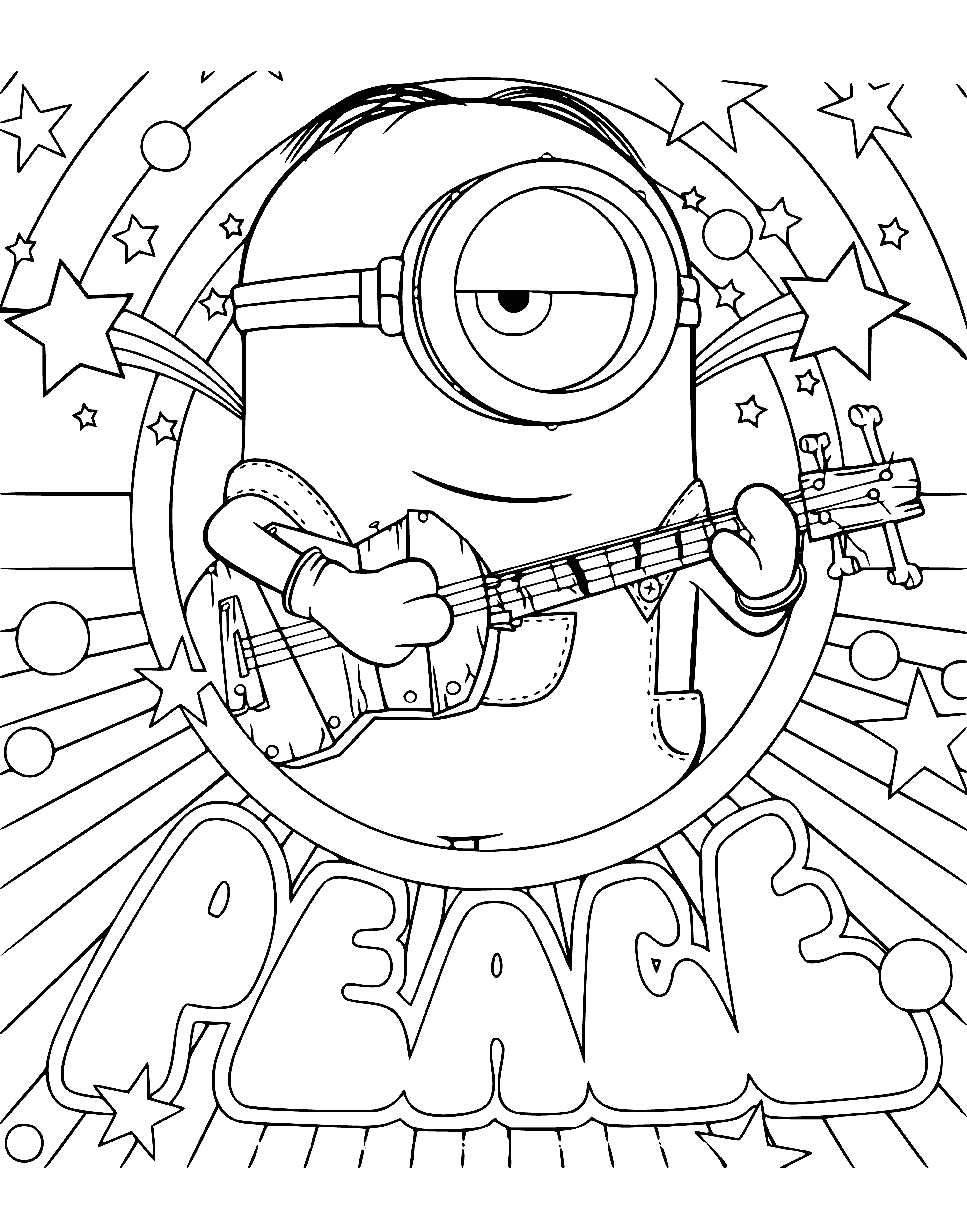coloring page: Minions are yellow, one-eyed creatures in blue overalls. They have two arms and two legs with small noses and mouths.
