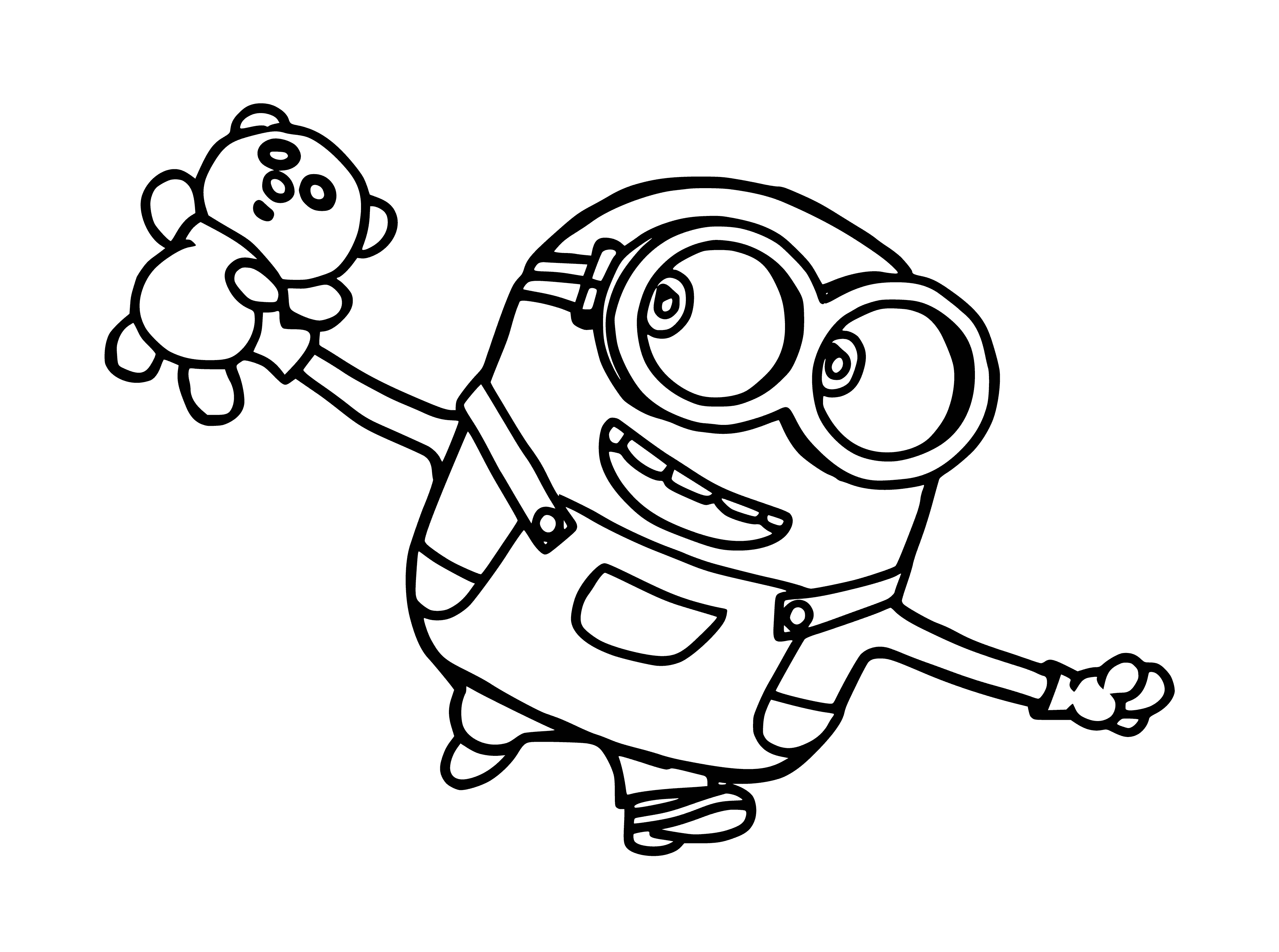 coloring page: Minion Bob holds a teddy bear, wearing blue overall, with two eyes and a mouth, long thin arms.