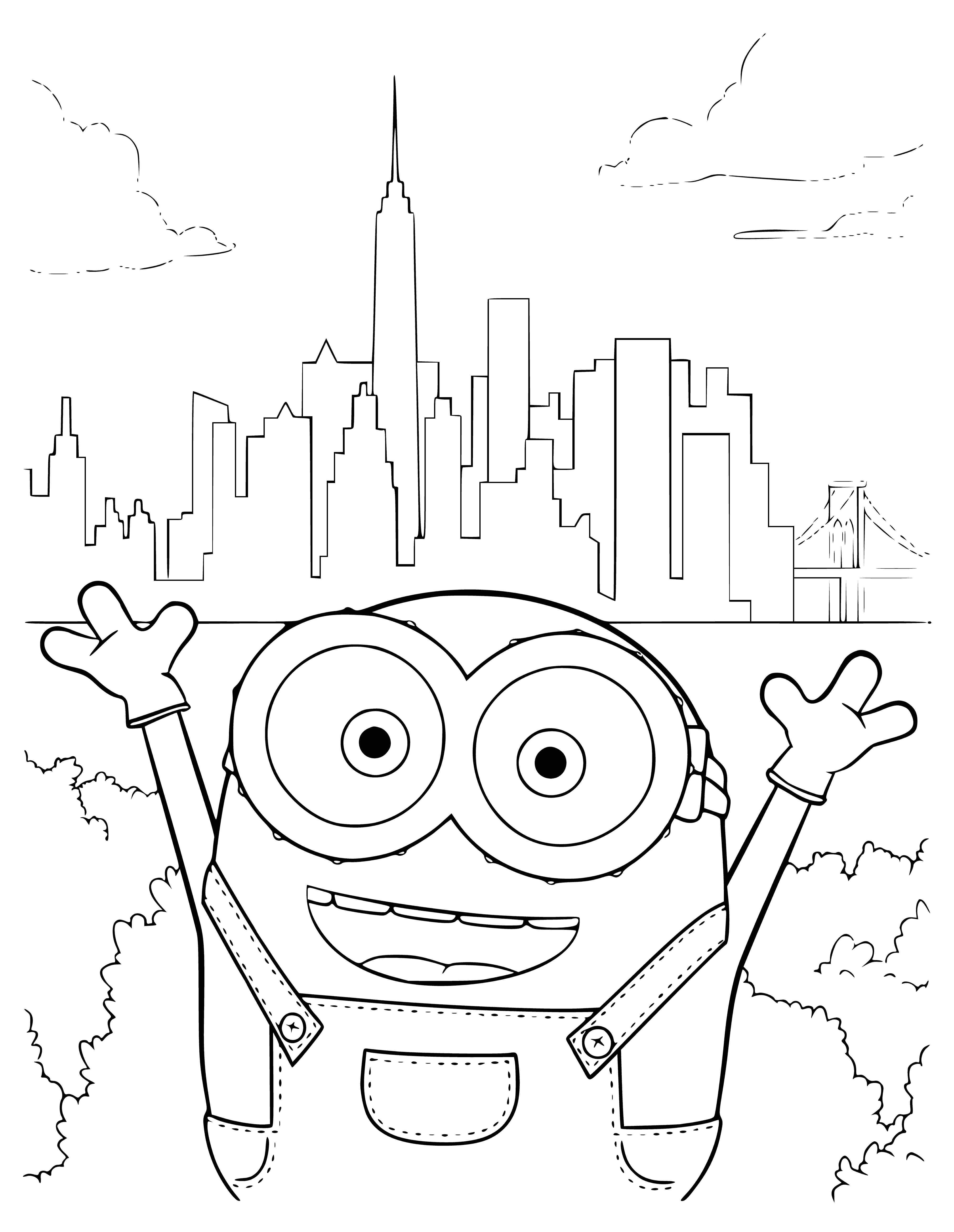 coloring page: Minions are small, round, yellow creatures with big eyes, small mouth &overalls, holding a hammer in their right hand.