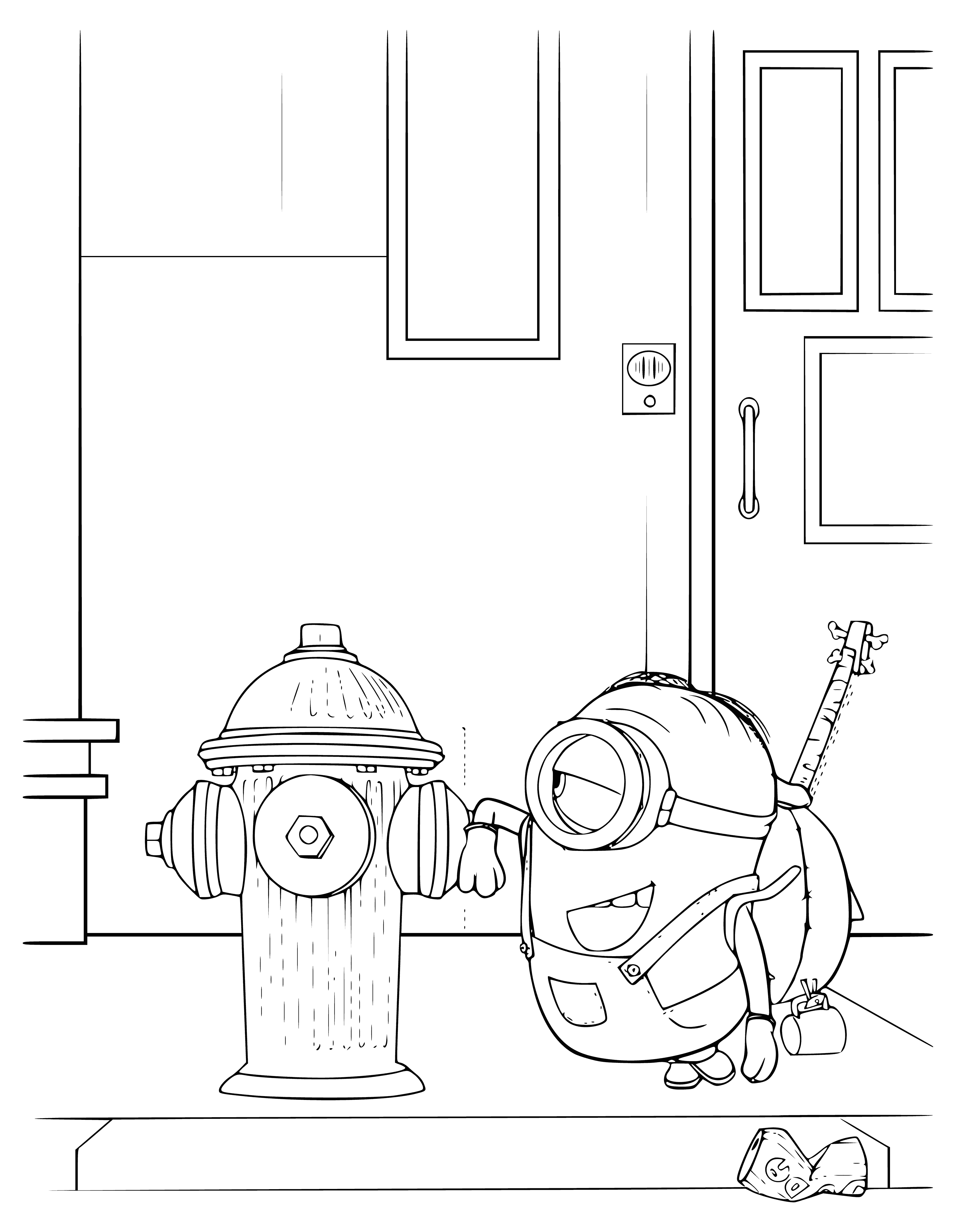 coloring page: Minions are bumbling but loyal servants of Gru, seen in blue overalls and goggles. Lovable, but always causing trouble!