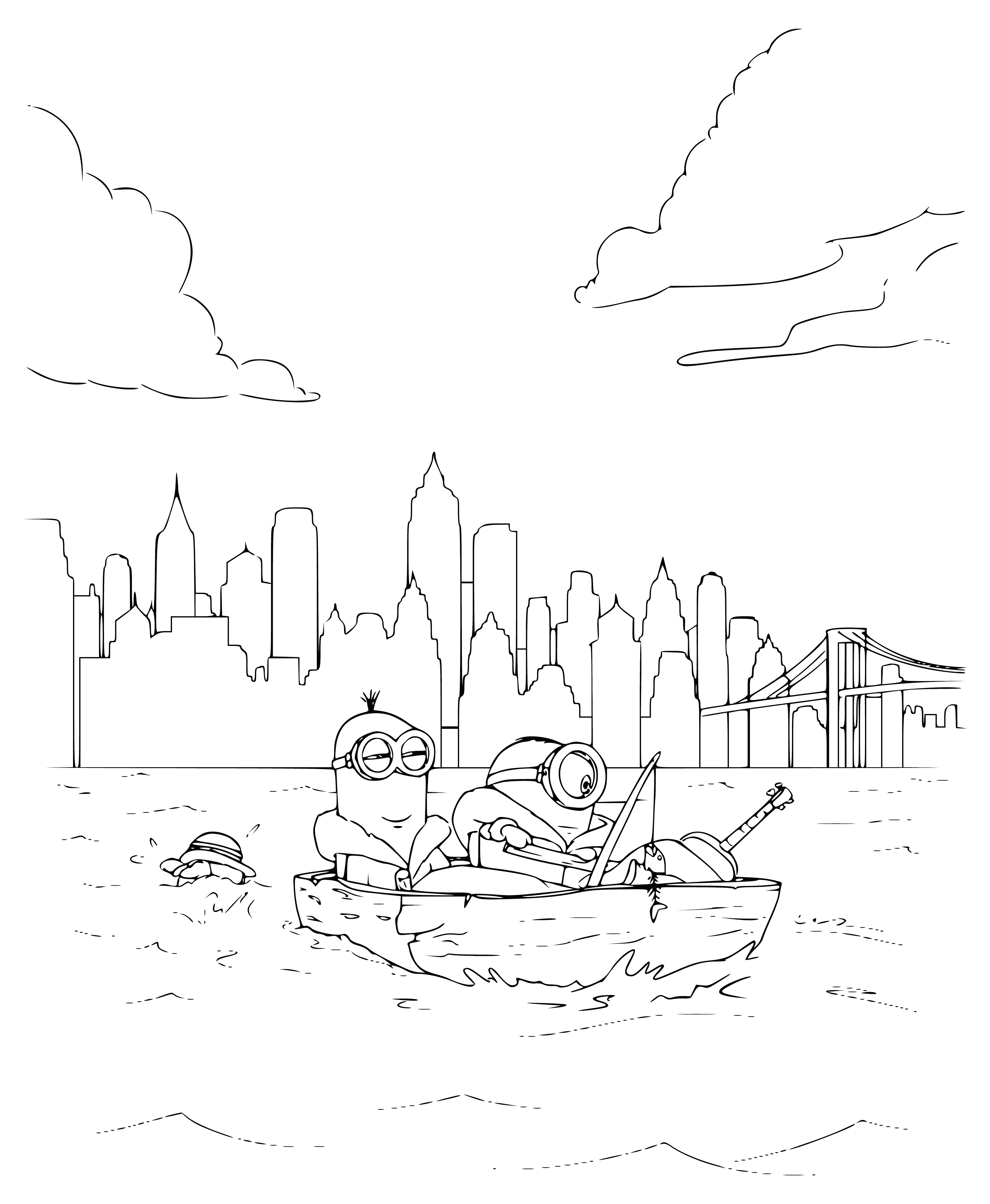 coloring page: 3 minions fishing in a stream - 1 standing on a rock, 2 sitting on the bank w/ rods & fish.