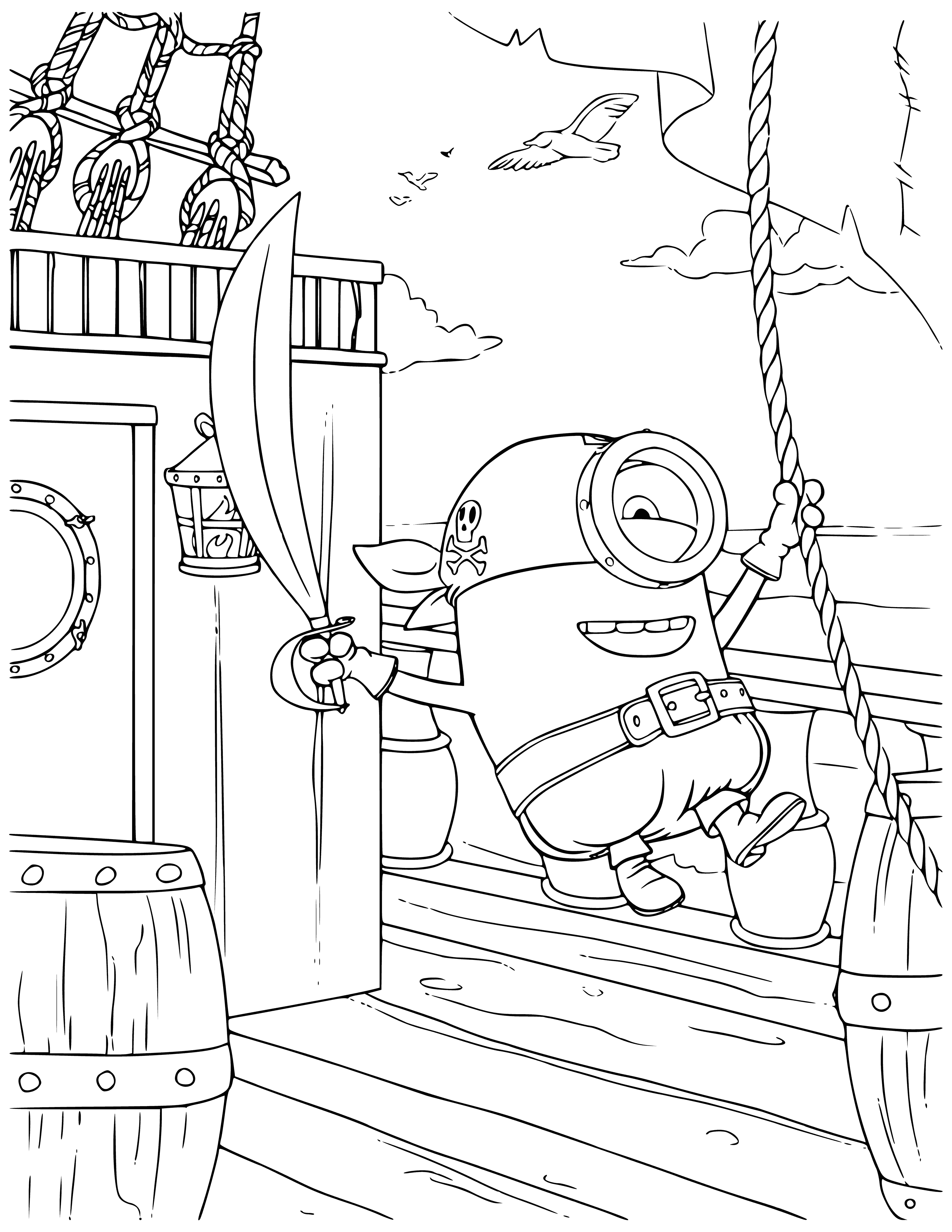 coloring page: A Minon with a mohawk, eye patch, red shirt and blue overalls stands with a sword ready, beside a treasure chest. #Minions #treasure