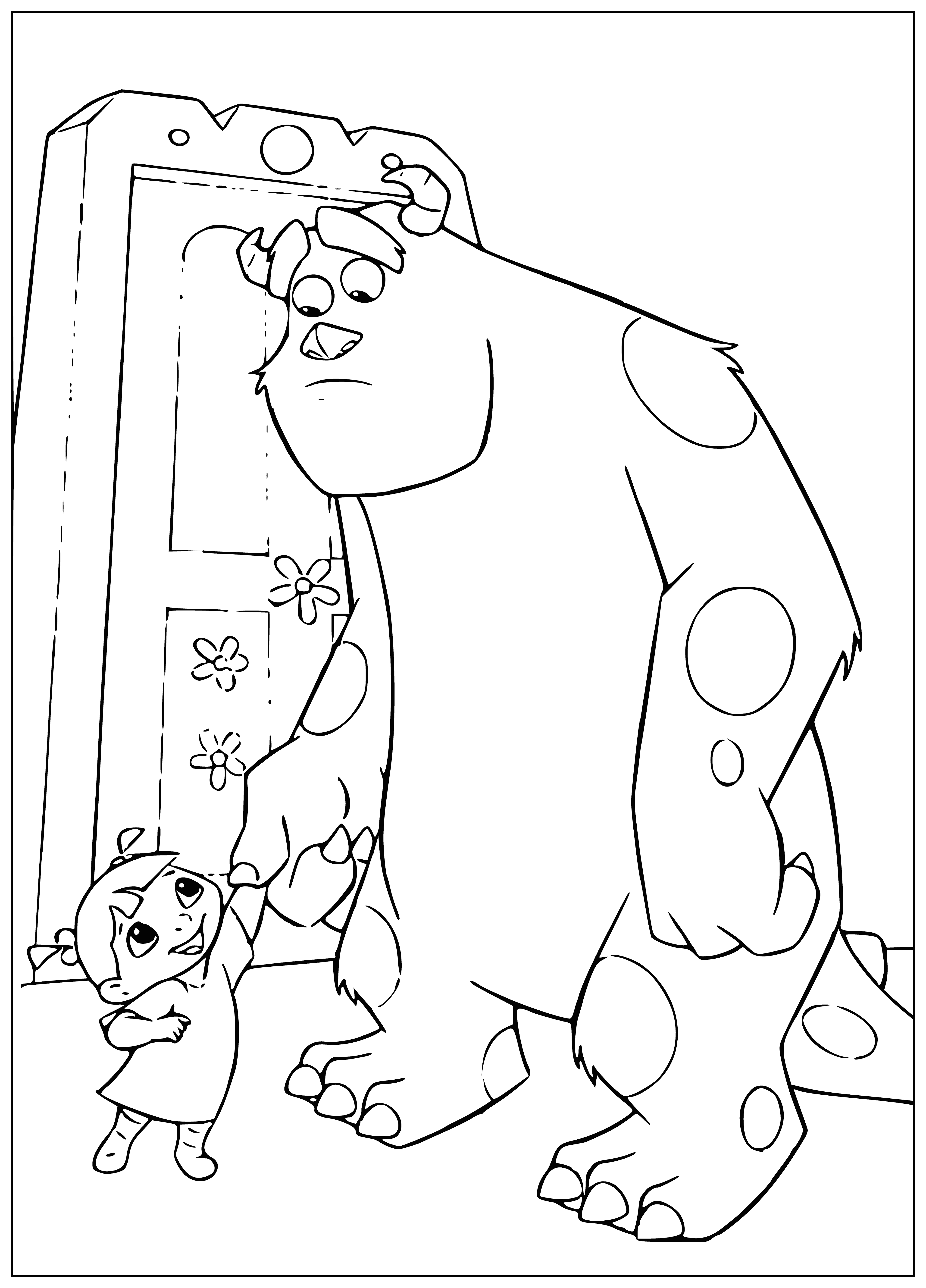 coloring page: Young girl holding hands with a blue monster & Sally, the small brown creature, from "Monsters, Inc." Both characters standing beside her, girl wearing a purple shirt with a white collar. #MonstersInc#cartoon