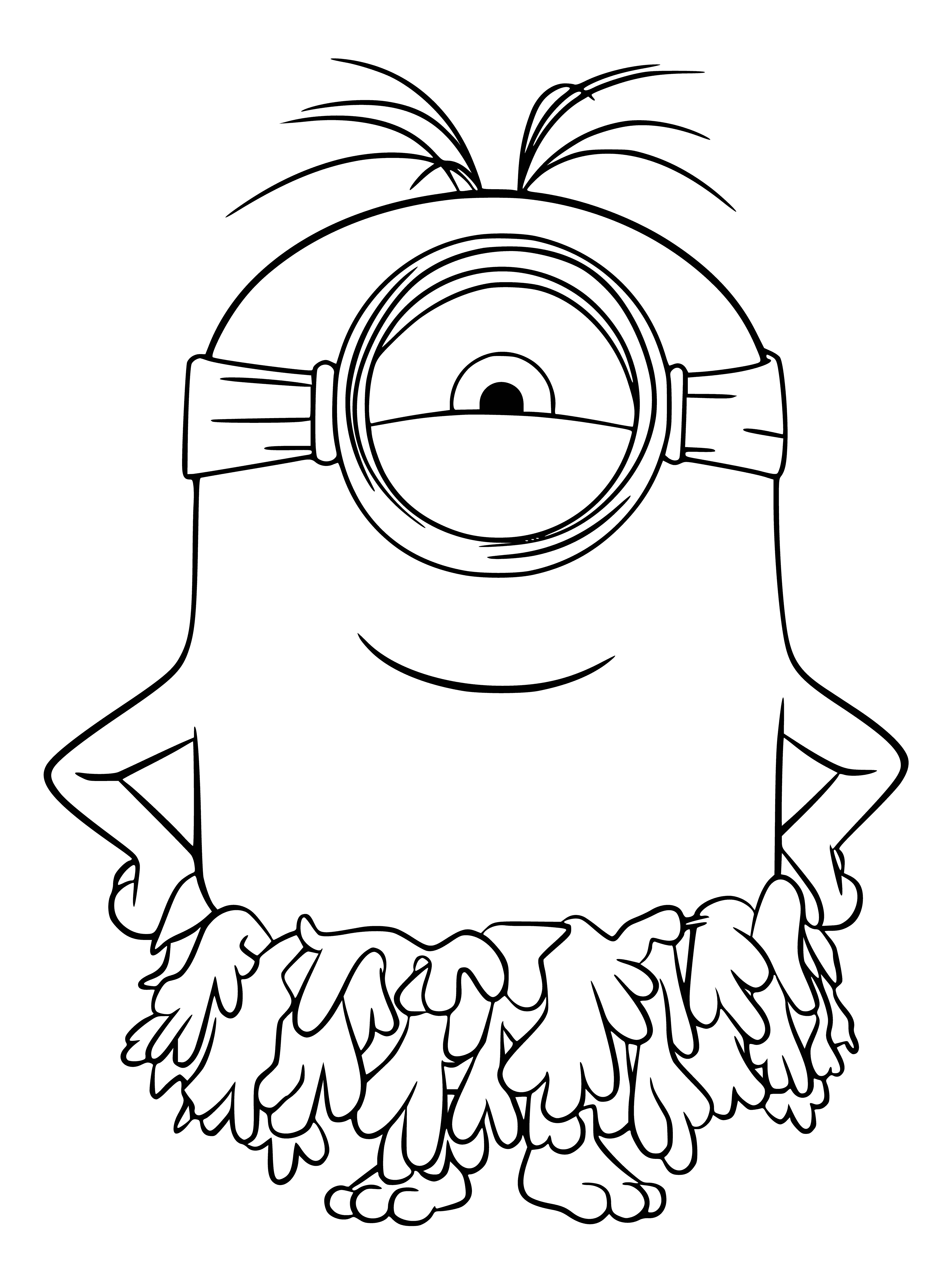 coloring page: Minion in Hawaiian skirt holds a drink, arms out, standing by a palm tree in coloring page.