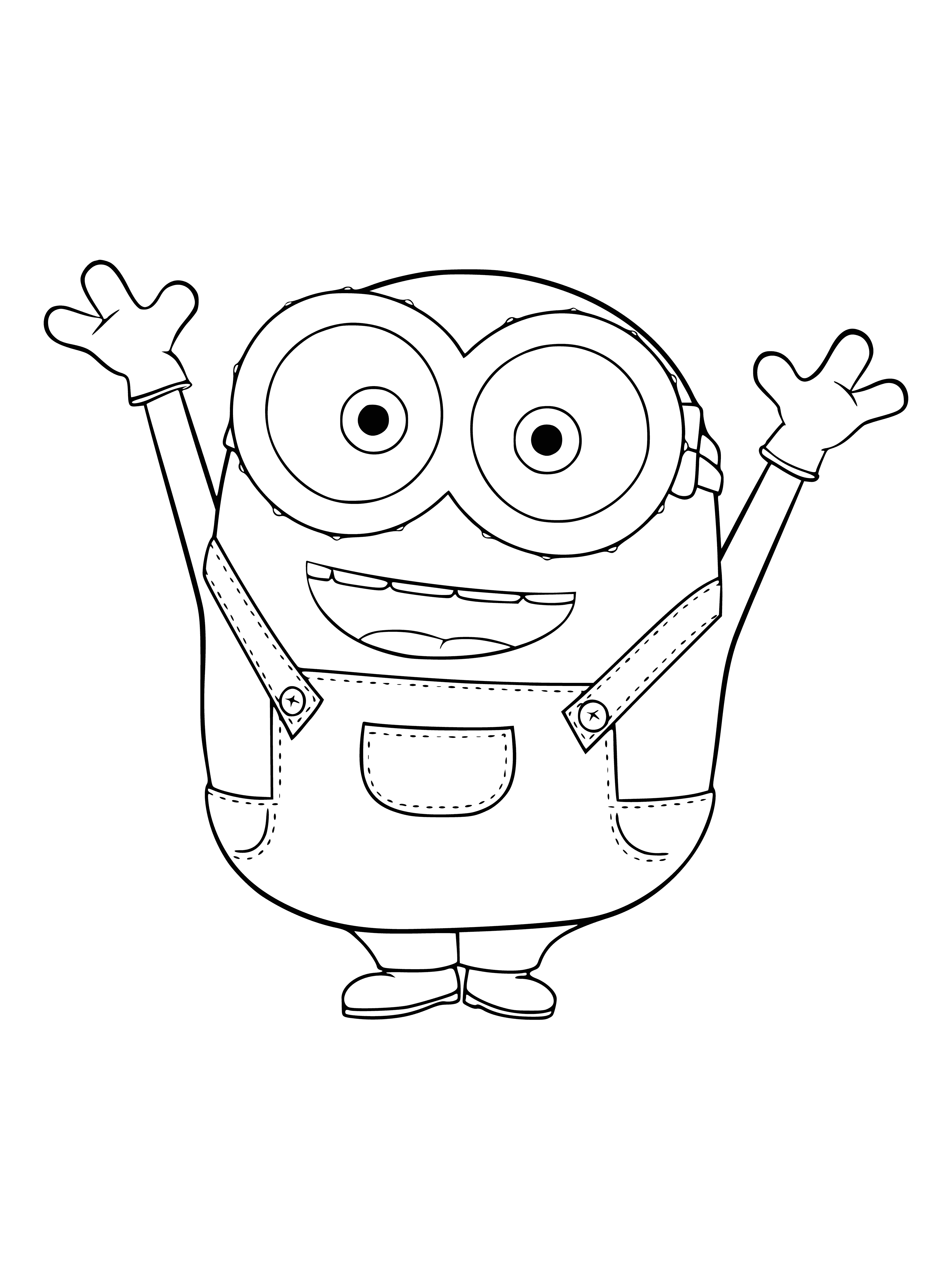 coloring page: Minion with light brown skin, two eyes, wide mouth, blue overall, brown hat with red band, standing on yellow platform.