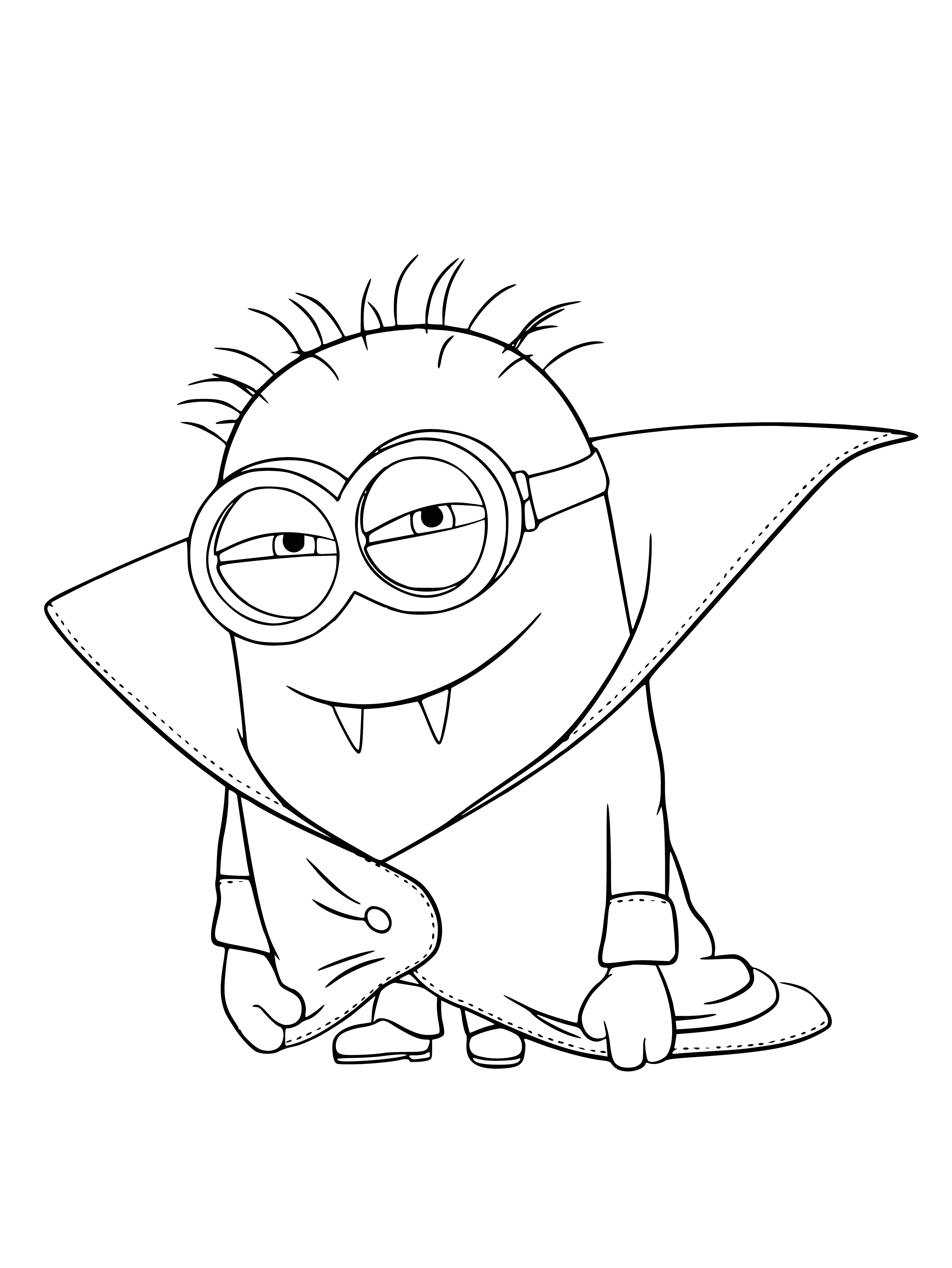 coloring page: Minions - Small, yellow creature with blue eyes and horns, wearing a black cape & holding a sword.