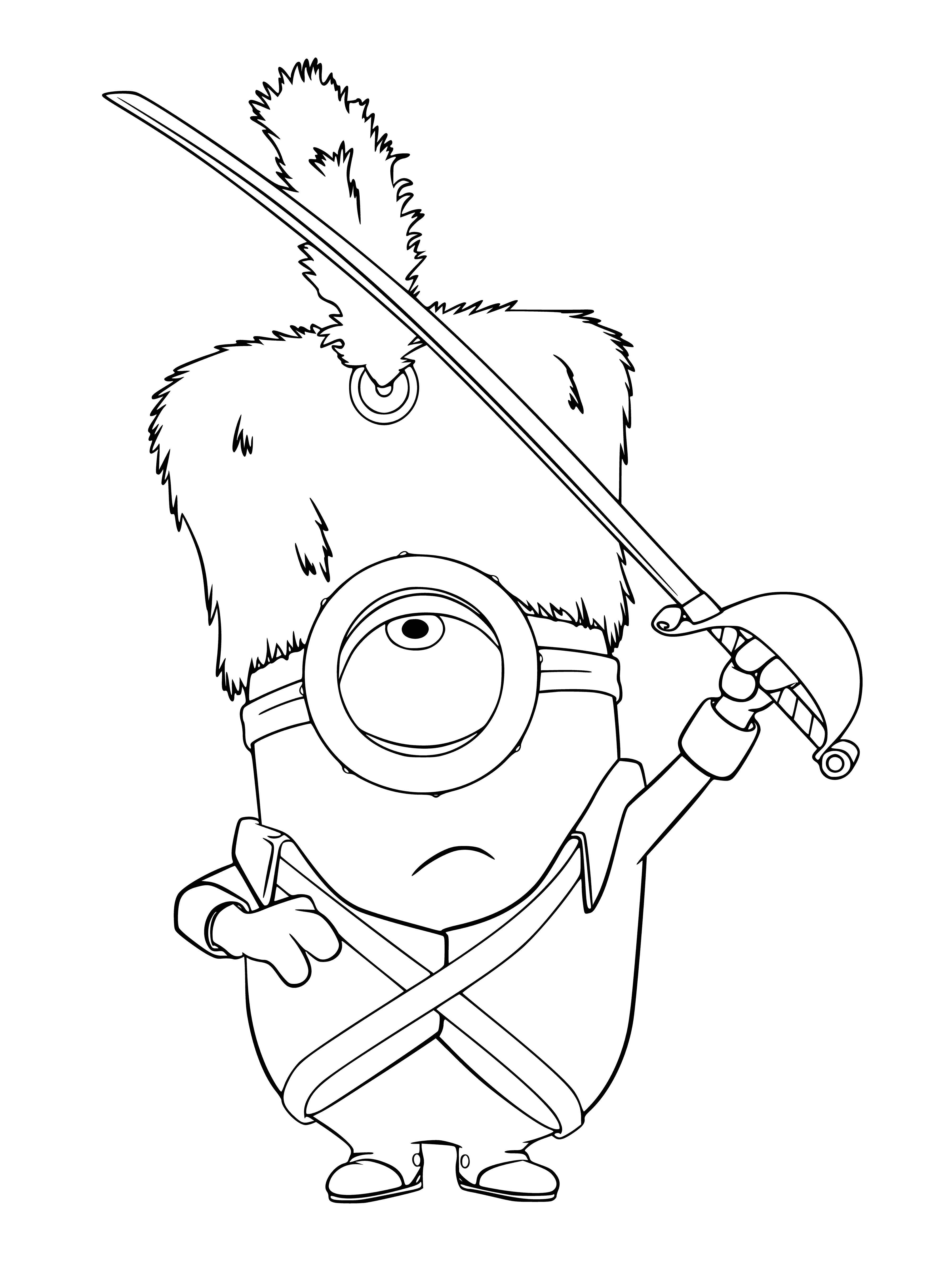 coloring page: Two minions, 1 taller than the other, wearing blue overalls, with large eyes & heads, both holding mics. #minions