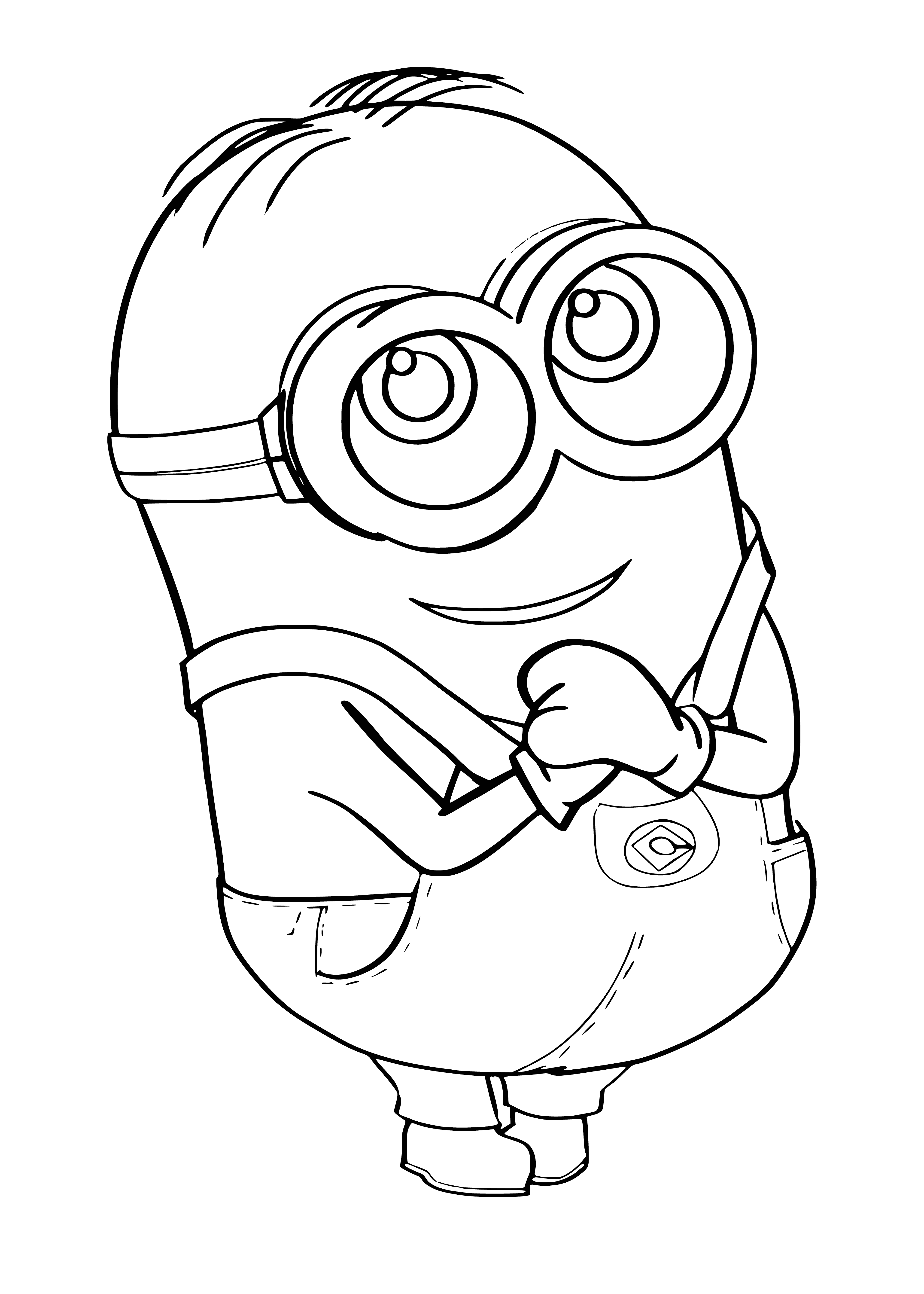 coloring page: Three banana people wearing blue coveralls, one showing a tooth, holding hands, with big eyes & mouths.