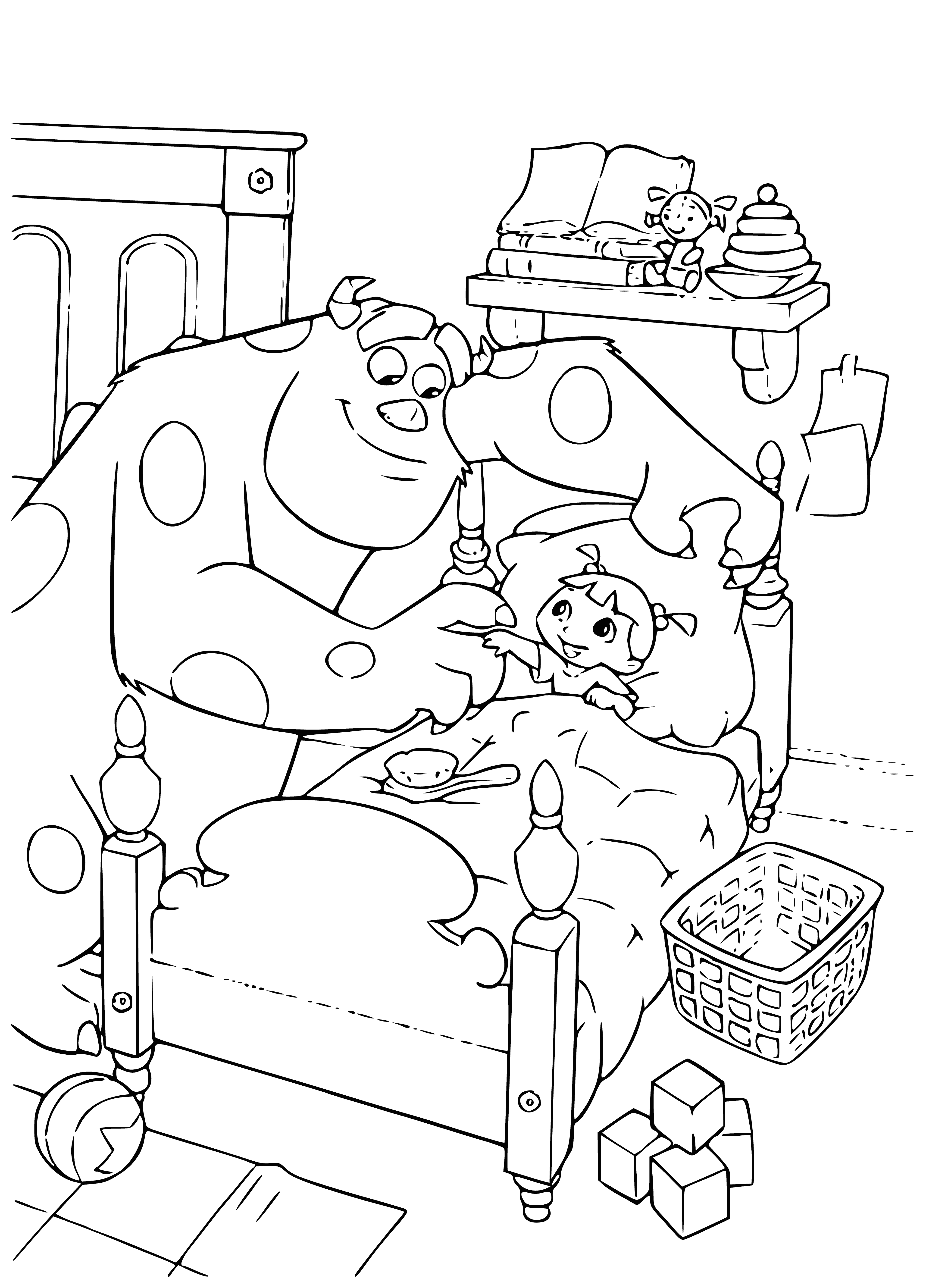 coloring page: Sulley & Mike protect a little girl reaching for a T-shirt, Sulley looks concerned, Mike looks relieved.