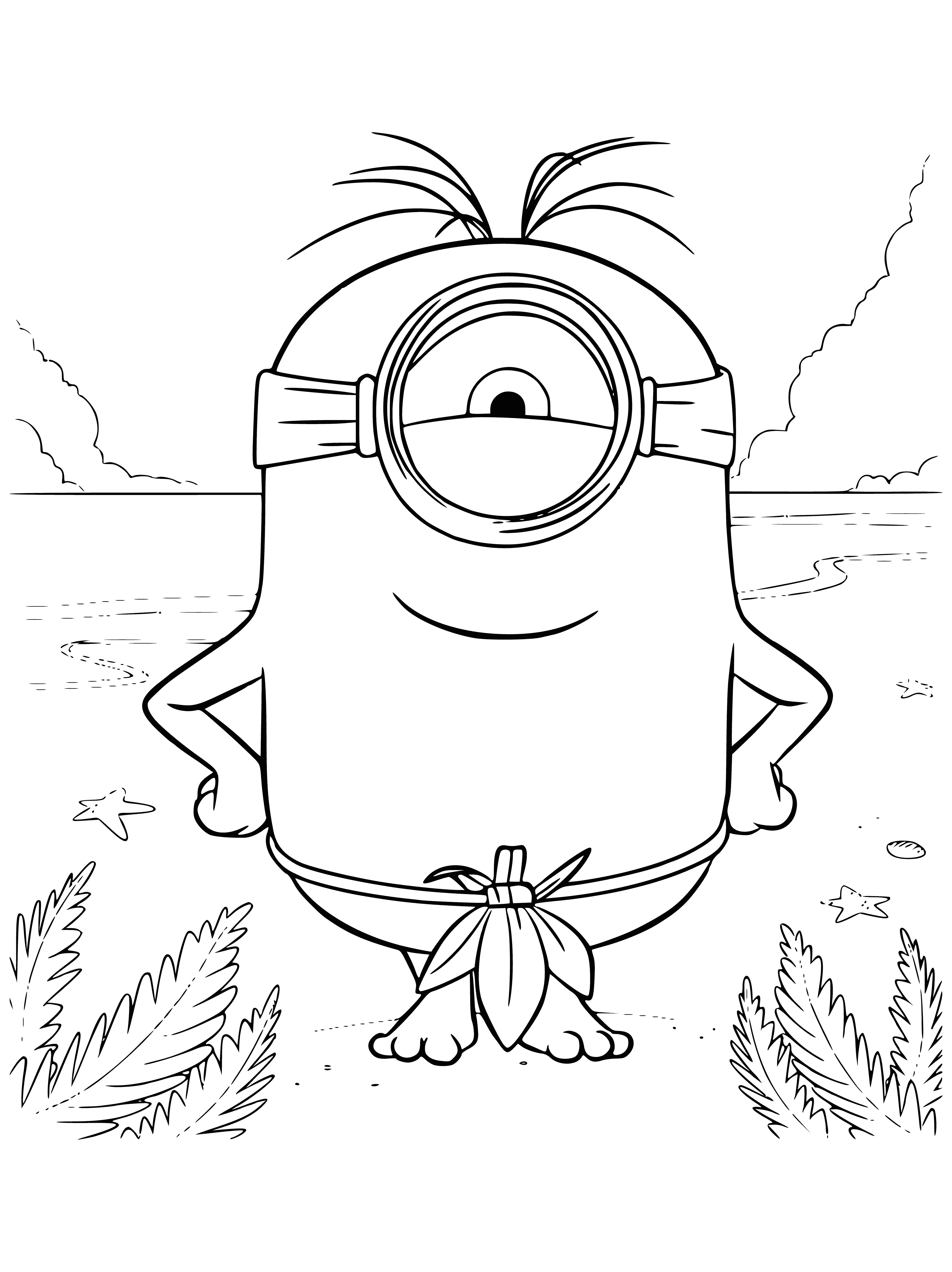 coloring page: Minion is coloring by beach with palm trees & blue water in background; sign reads "Mignon Island".