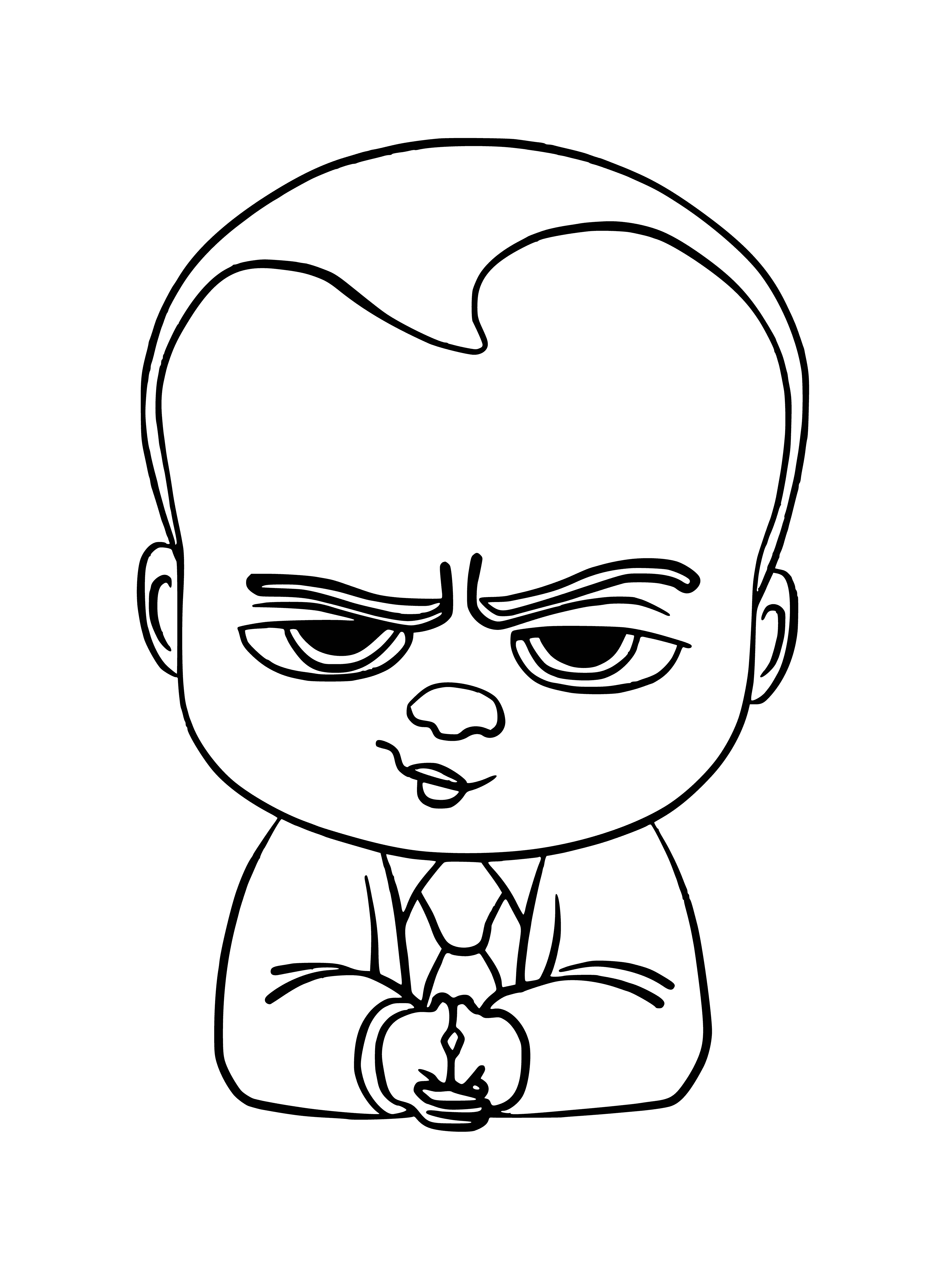coloring page: A determined baby in a grey suit w/white shirt & black tie holds a toy phone up to its ear.