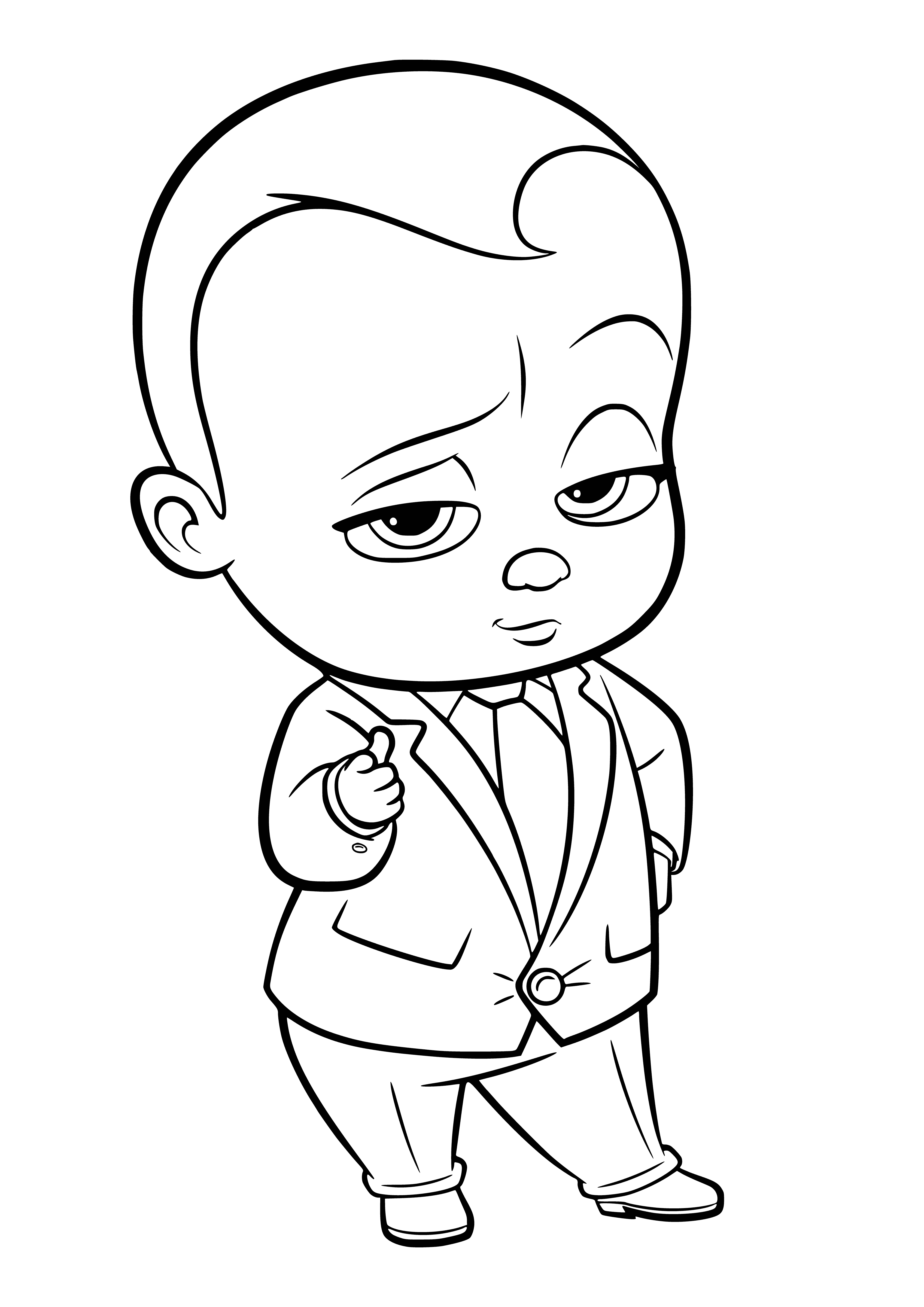 coloring page: Baby in business suit in high chair holding rattle, jar of baby food on tray in front. Determined face on baby!