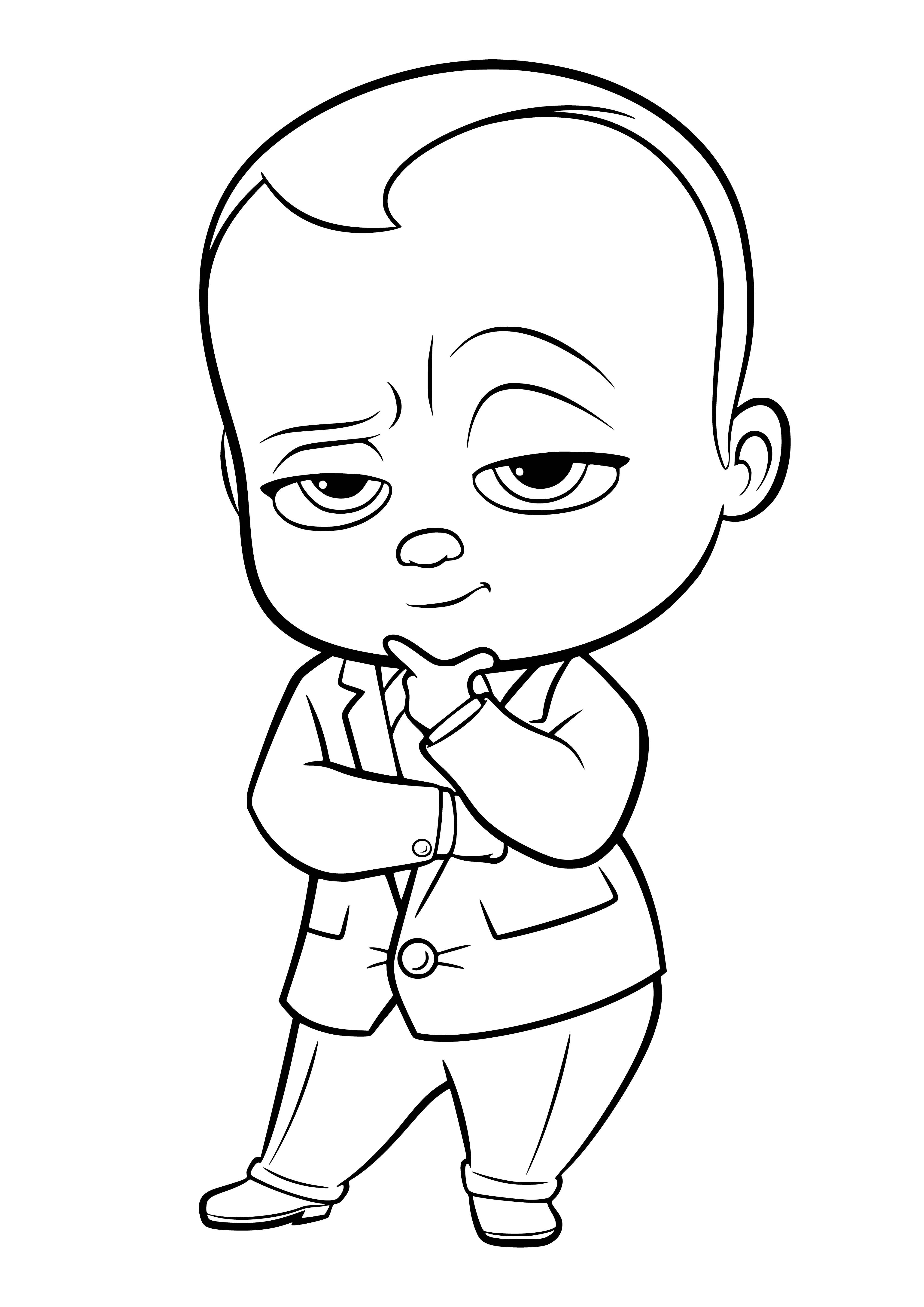 coloring page: Baby in black suit, holding black lollipop, wearing sunglasses, beard and mustache. Eyes closed, feet on chair arm.