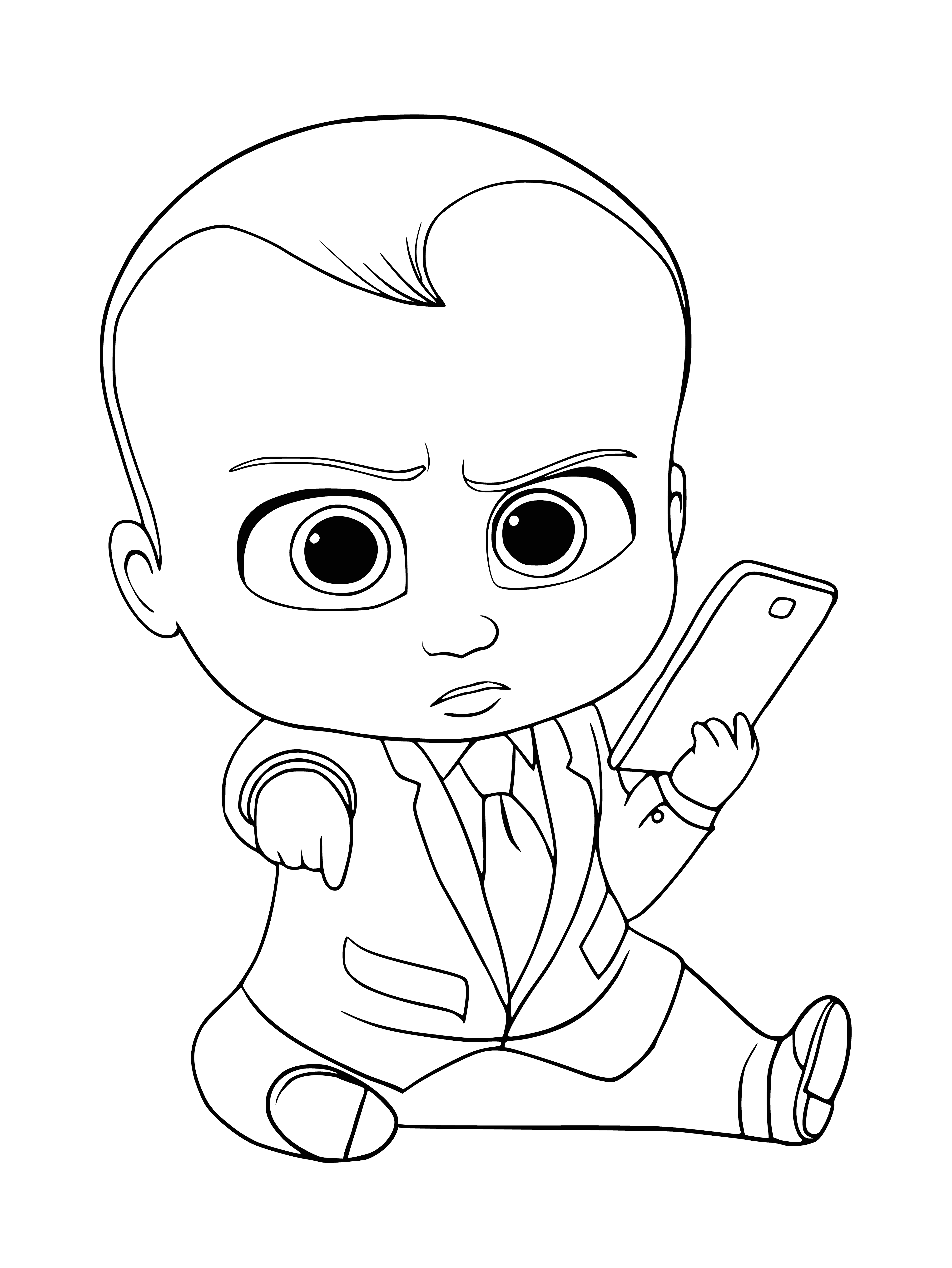 coloring page: Baby boy is boss, holding cell phone like he's in charge. #ColoringPage