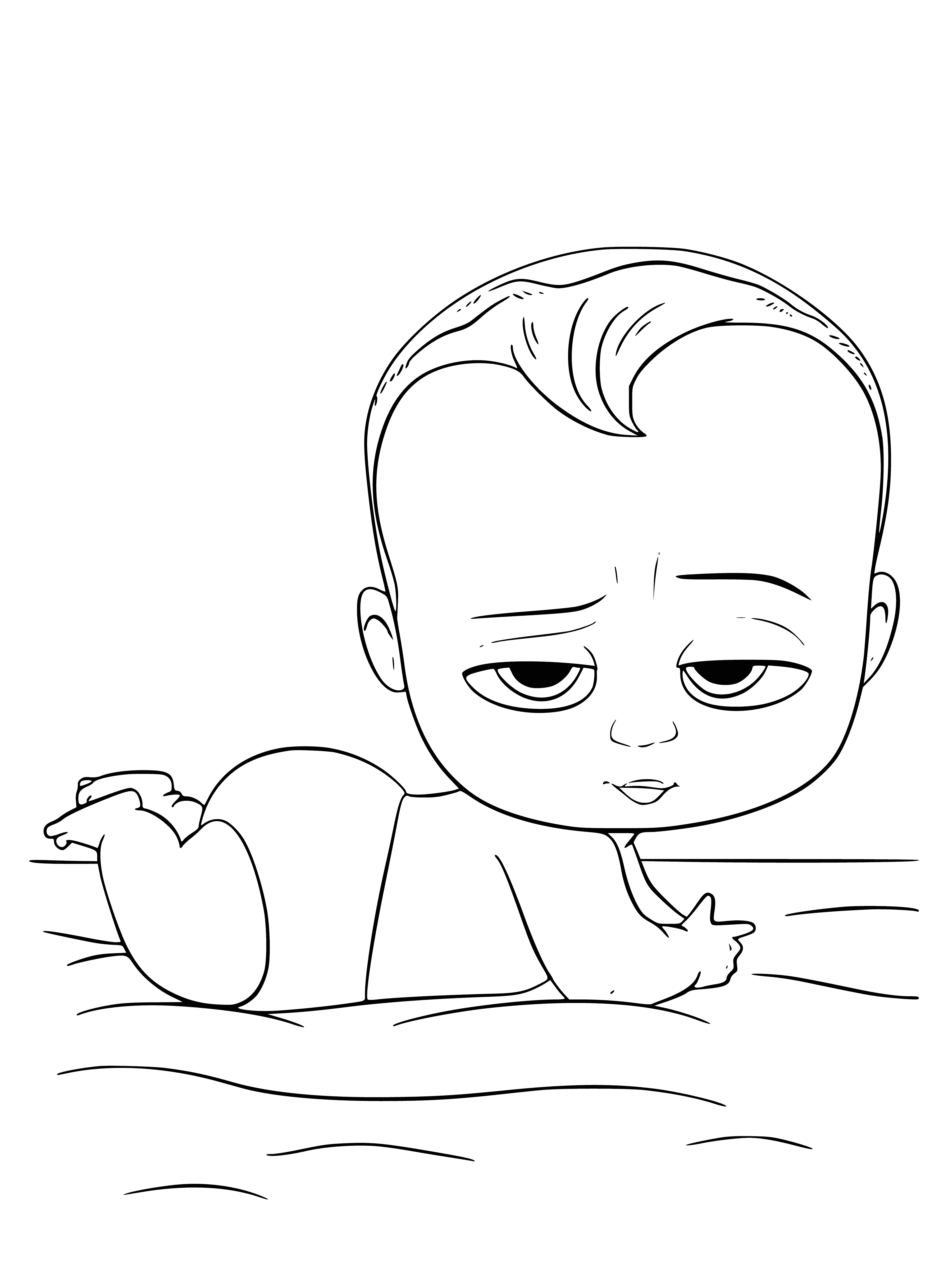 coloring page: Baby in business suit, serious expression, holding papers and briefcase, sitting in armchair.