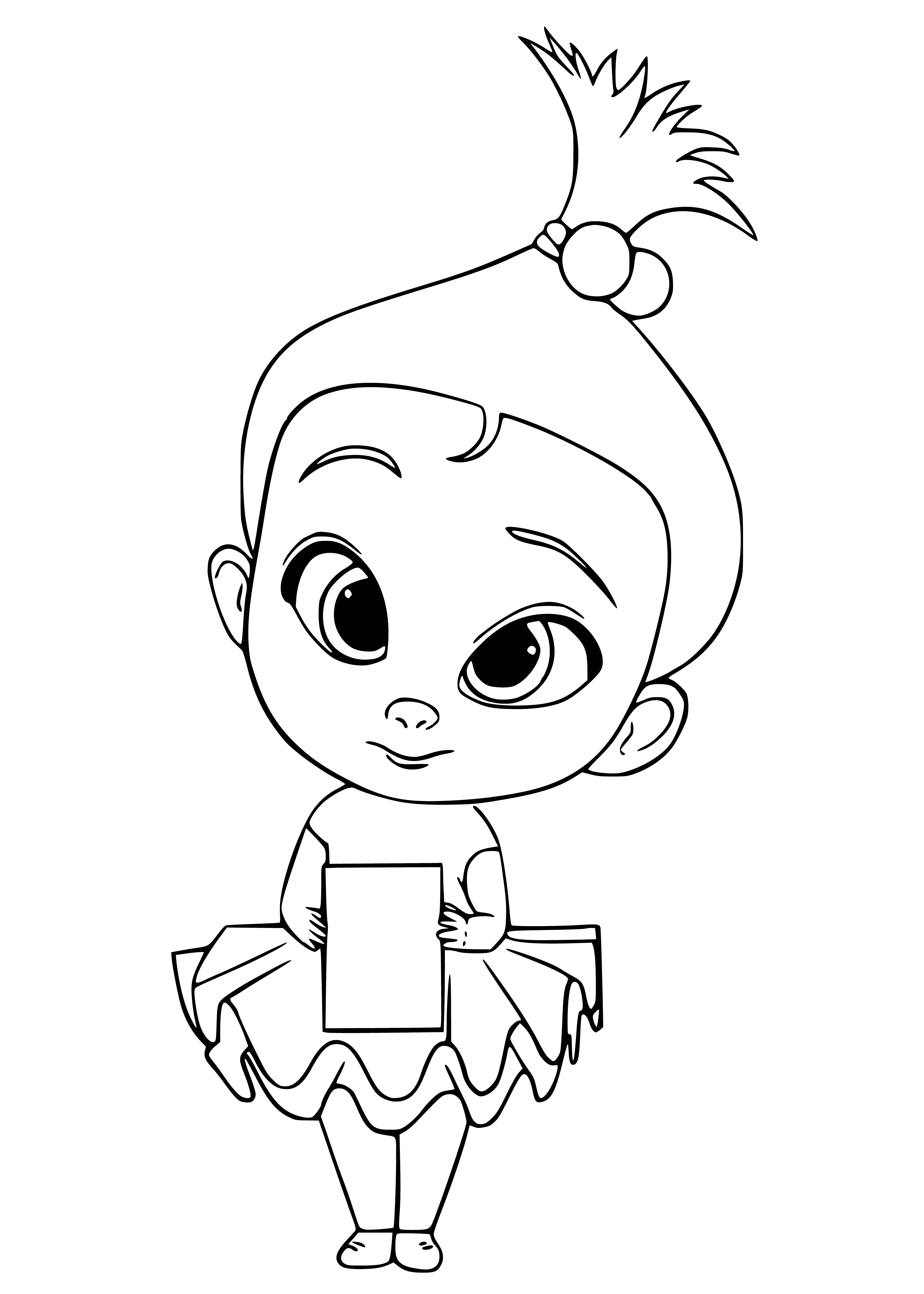 coloring page: Baby sits in front of pink chair wearing blue suit, white shirt, black tie, plus briefcase and mic.