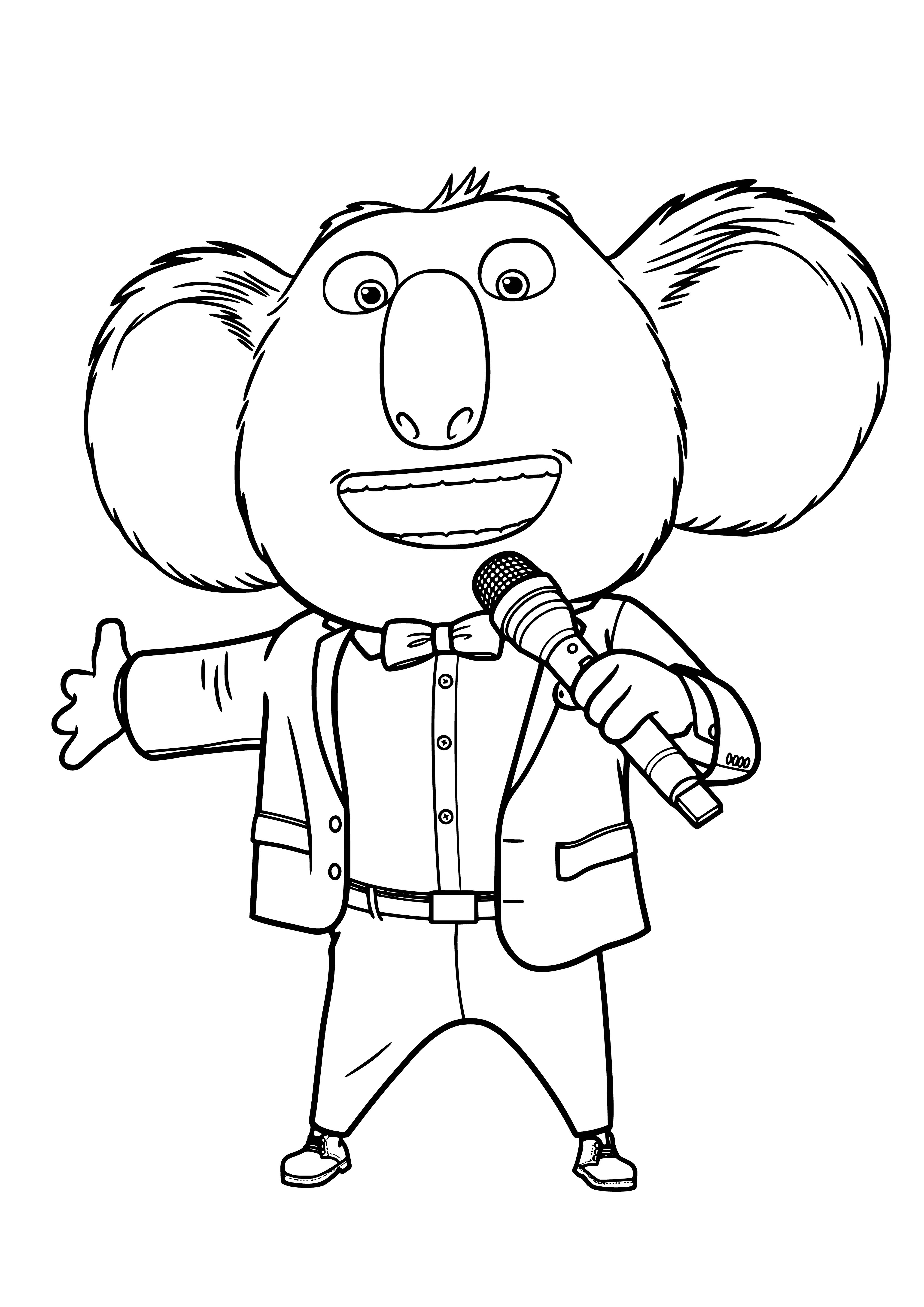 coloring page: Koala sits on red eucalyptus branch looking left at something off the page.