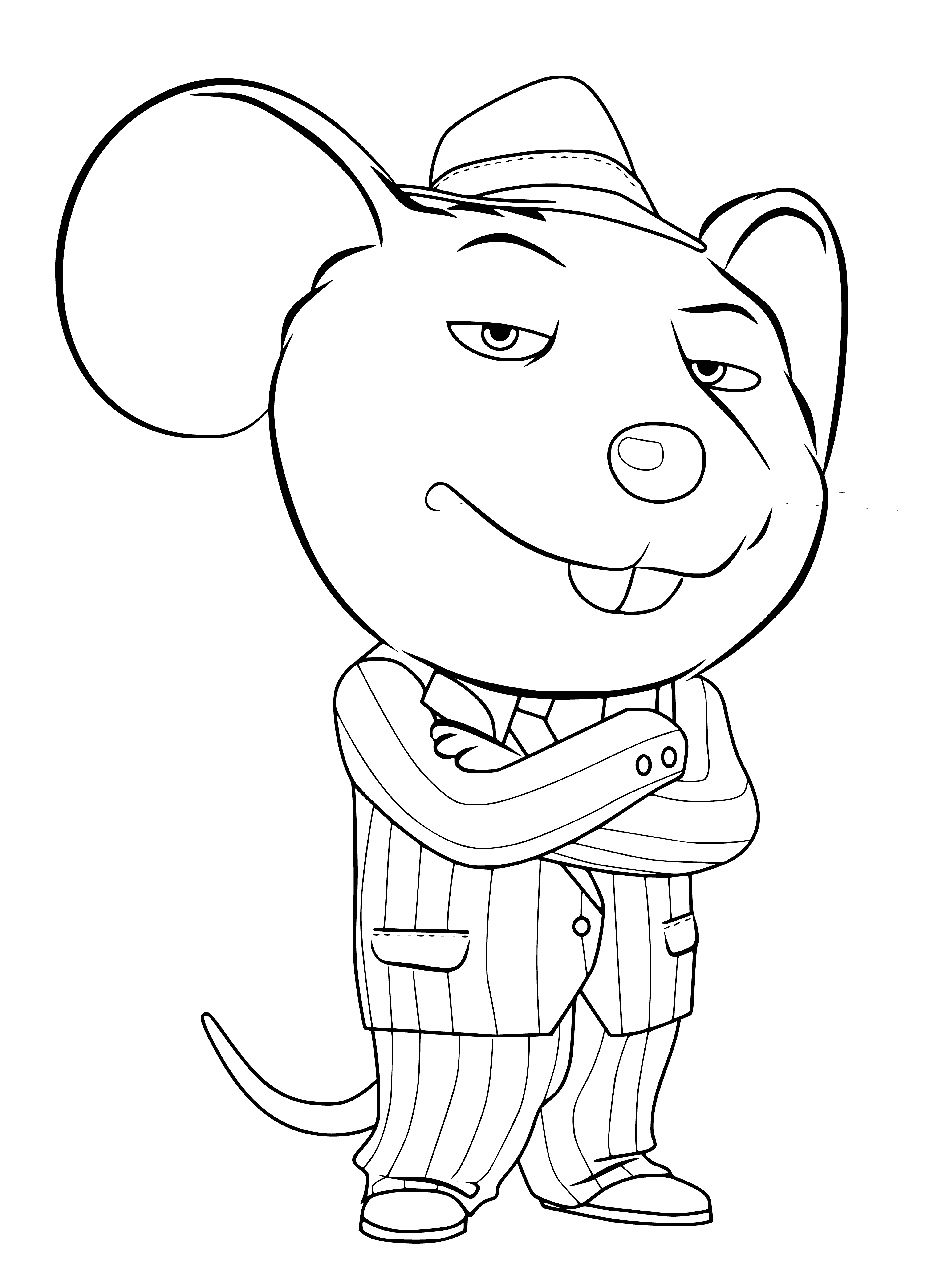 coloring page: Mouse wearing blue/white/red stands on green/brown rock, arm outstretched to viewer.