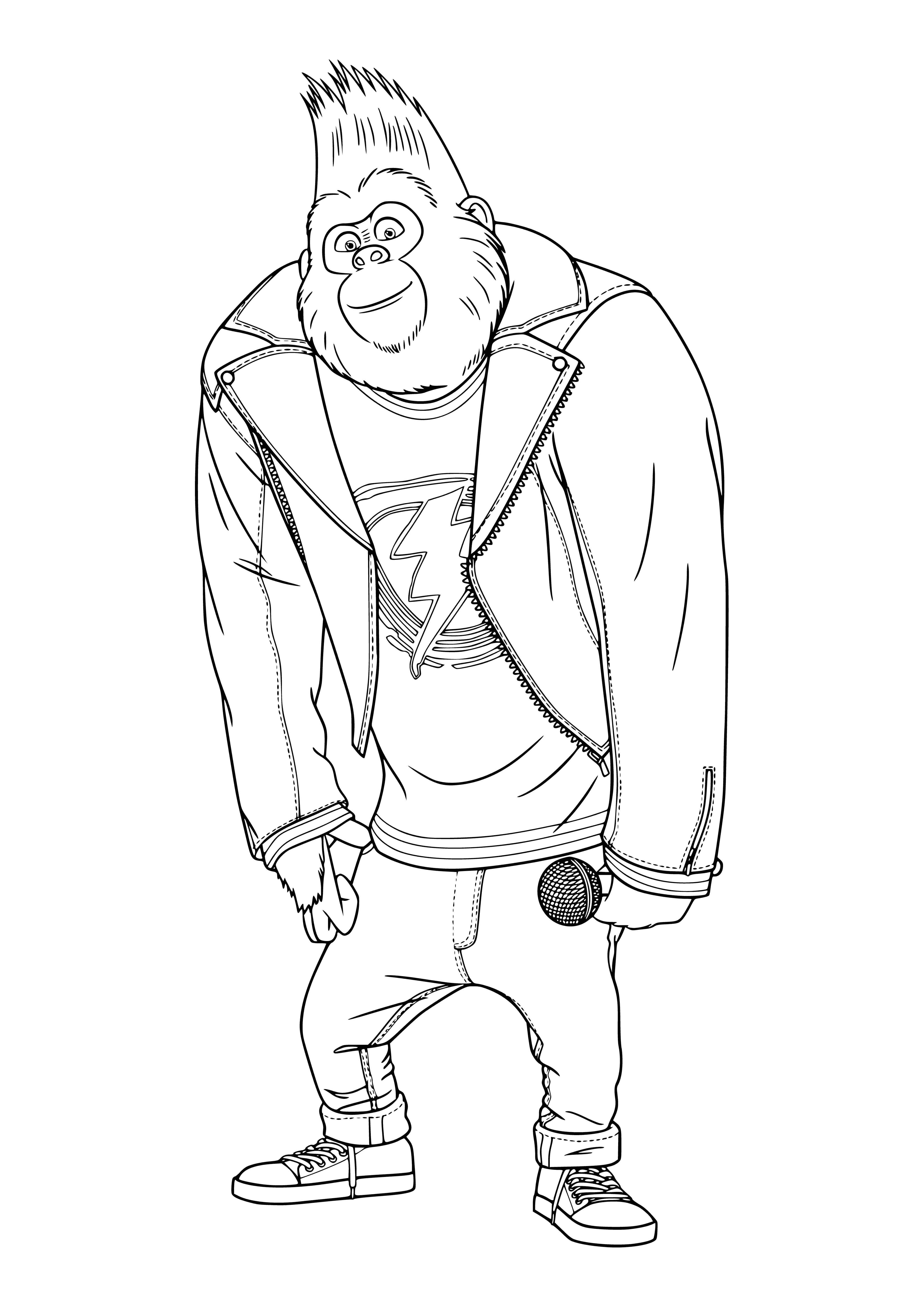 coloring page: A gorilla stands in front of a music stand with a microphone and guitar, dressed in a blue shirt. #music
