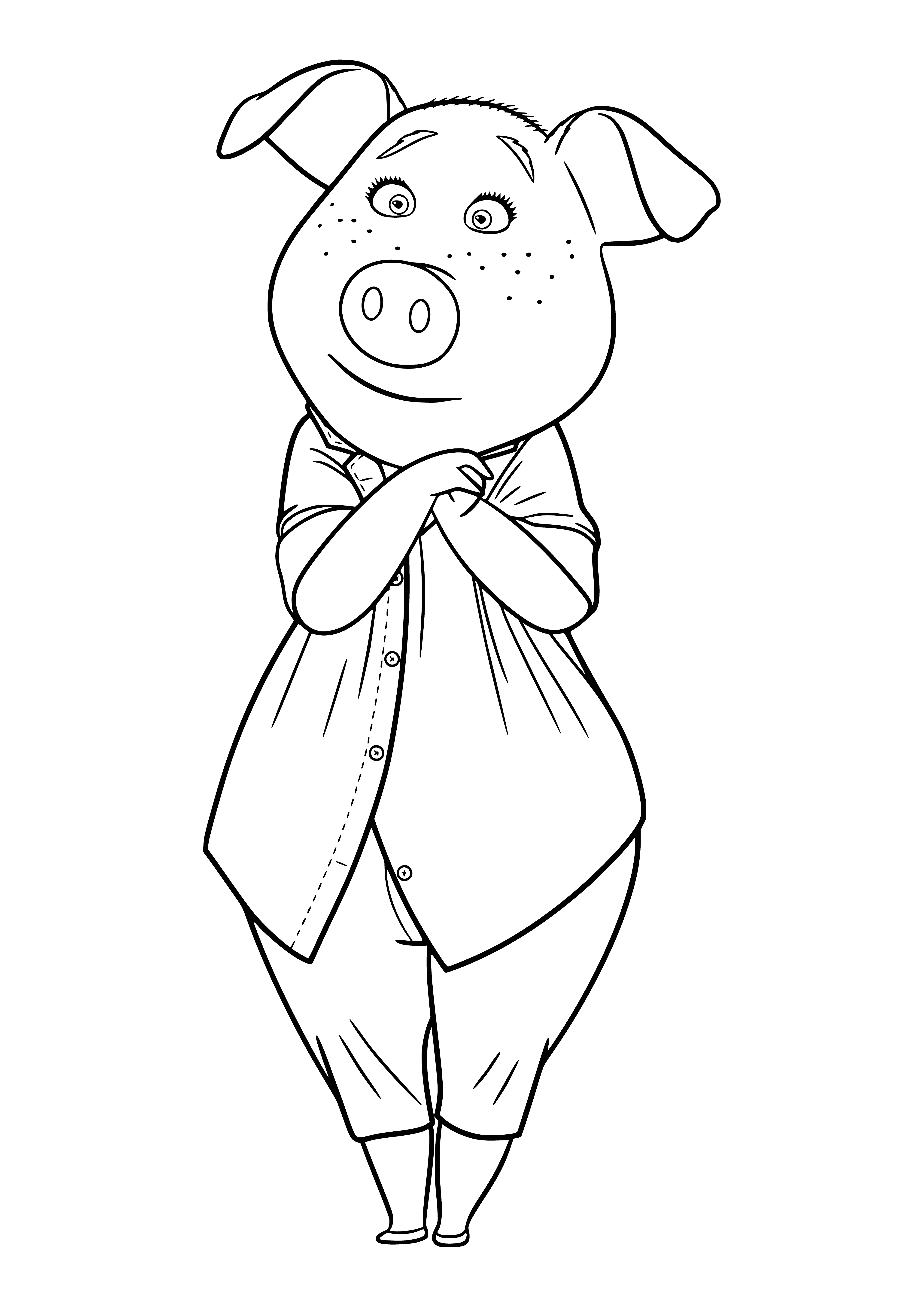 coloring page: Pig plays theremin in blue skirt, white undershirt.