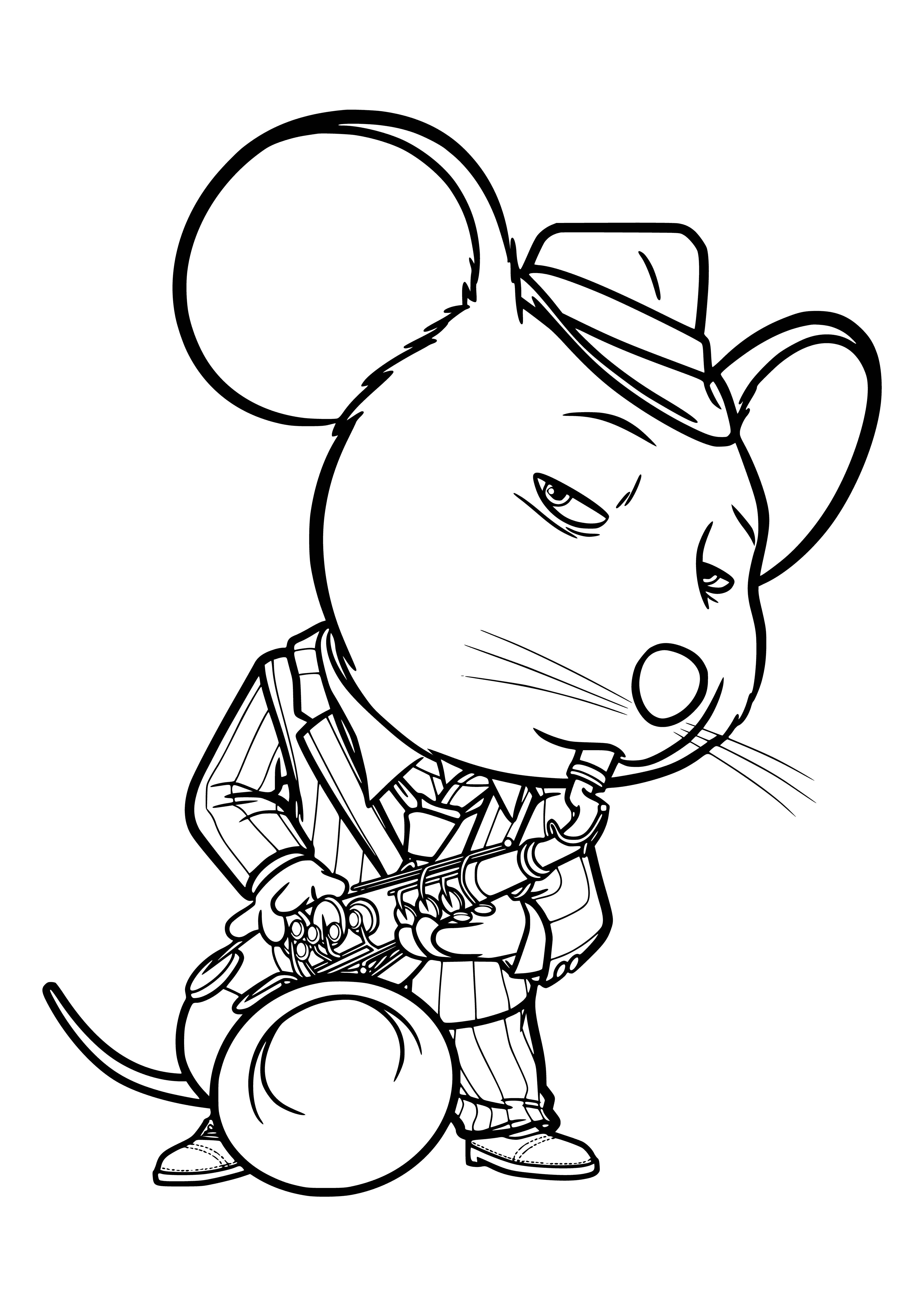 coloring page: Mouse in center of page holds mic, standing on hind legs with black fur & long tail, looks happy.