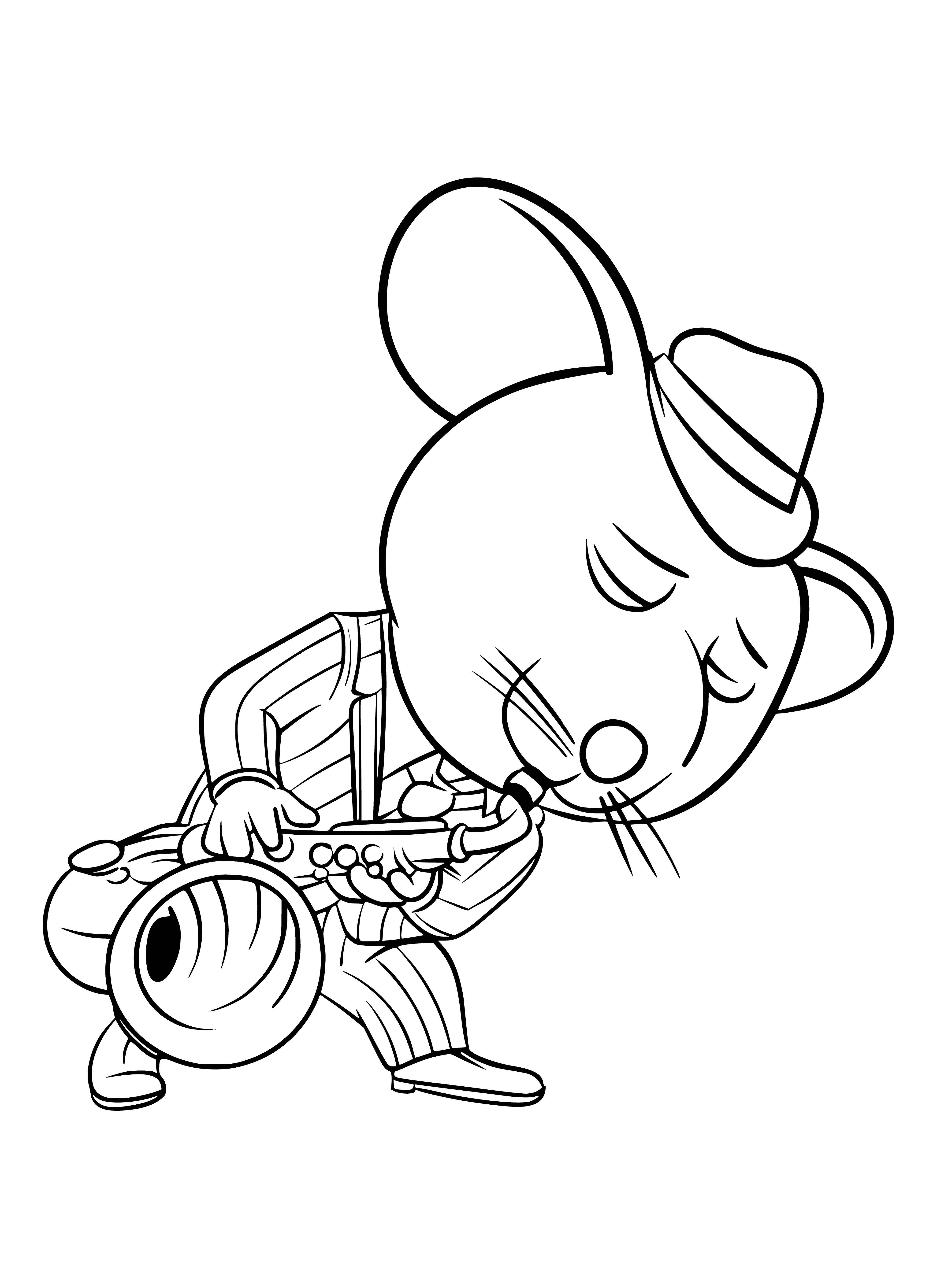 coloring page: Mouse in blue wearing top hat & suspenders on green stool with yellow feet, singing into mike on stand.