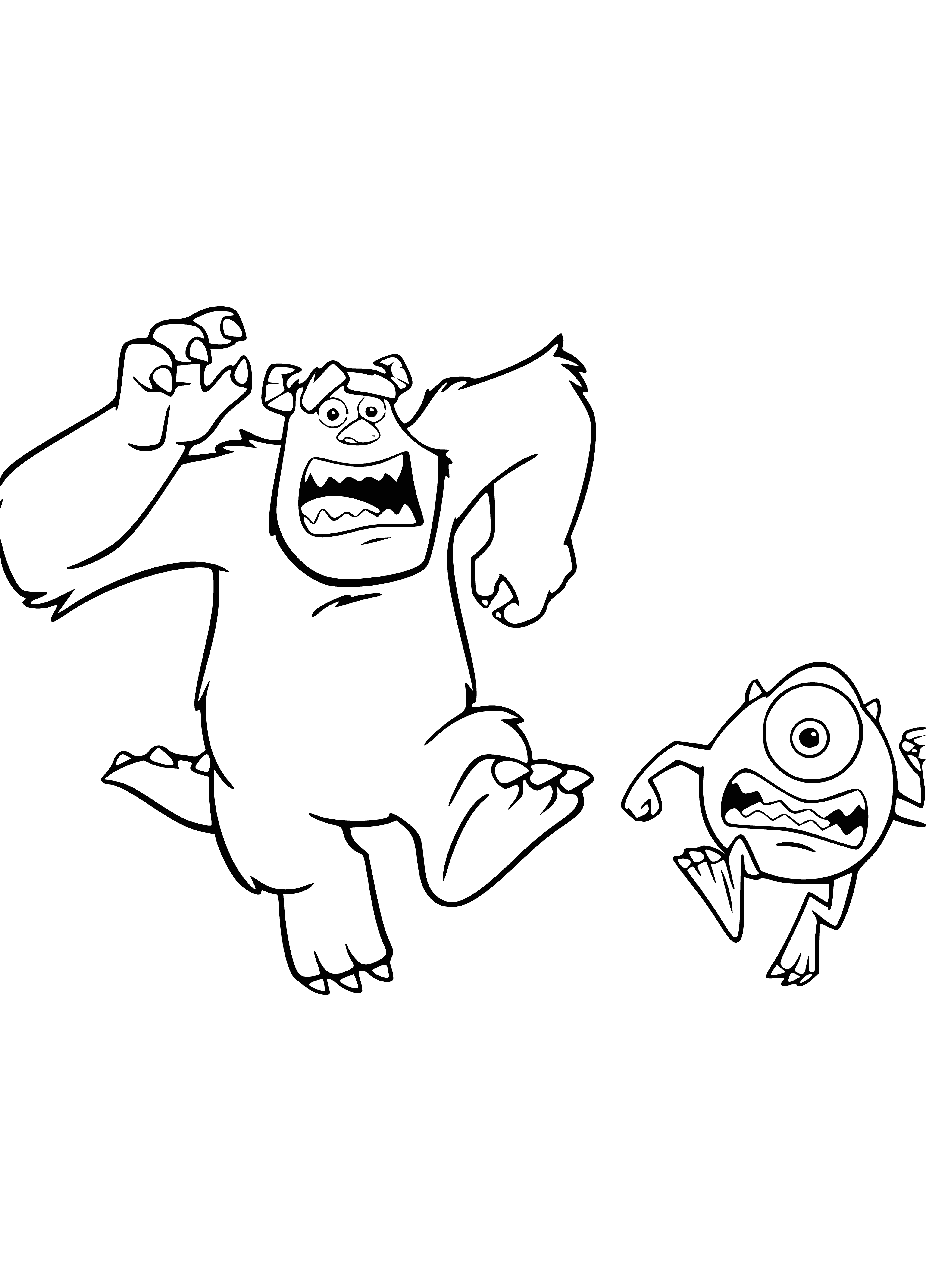 coloring page: Two monsters racing: purple one with four eyes & two horns; green one with one eye & two horns; wearing blue shirts with white polka dots.