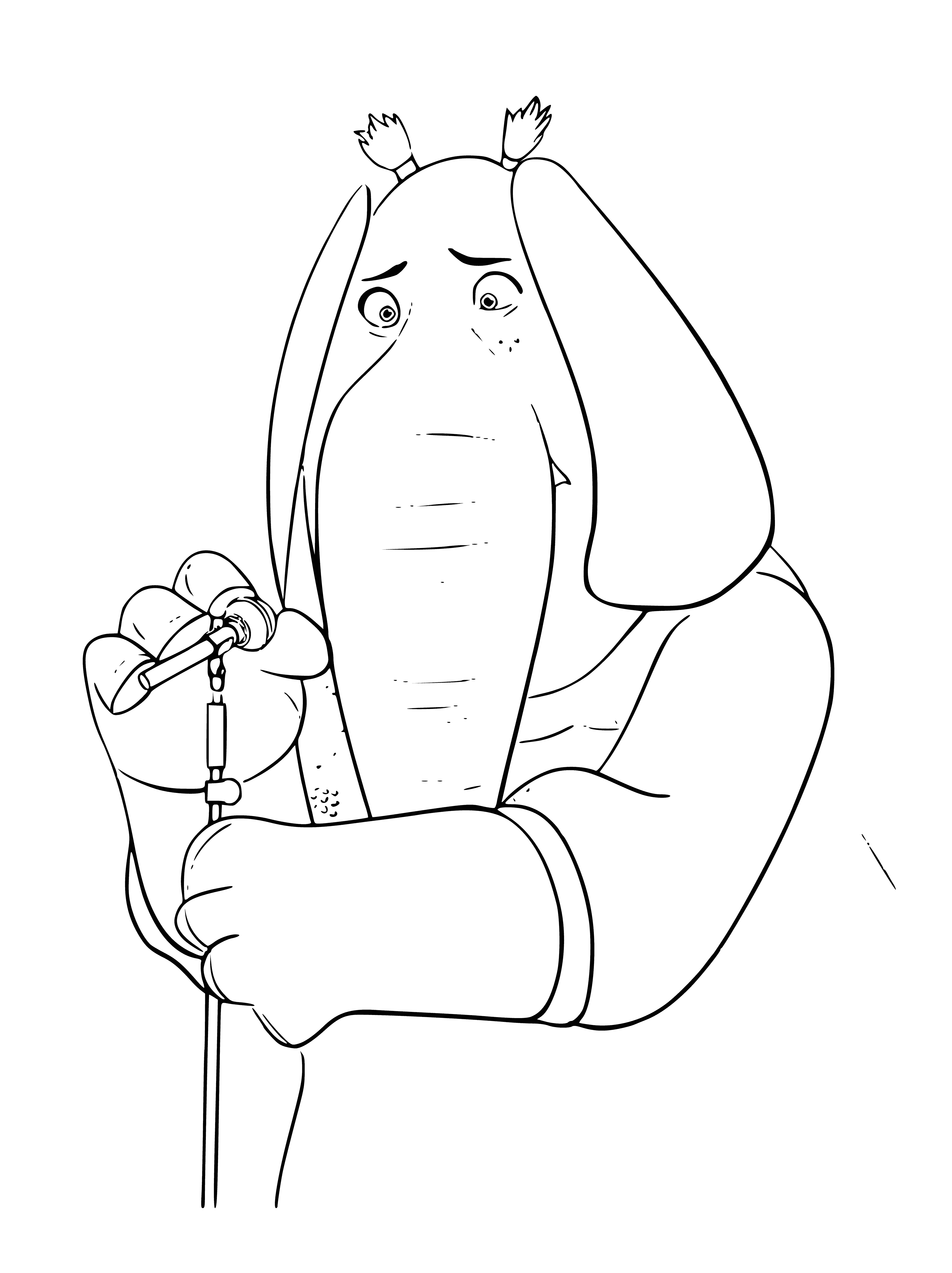coloring page: Woman dressed in blue holds an elephant's trunk while it stands on hind legs, front legs in air. Red flower in her hair.