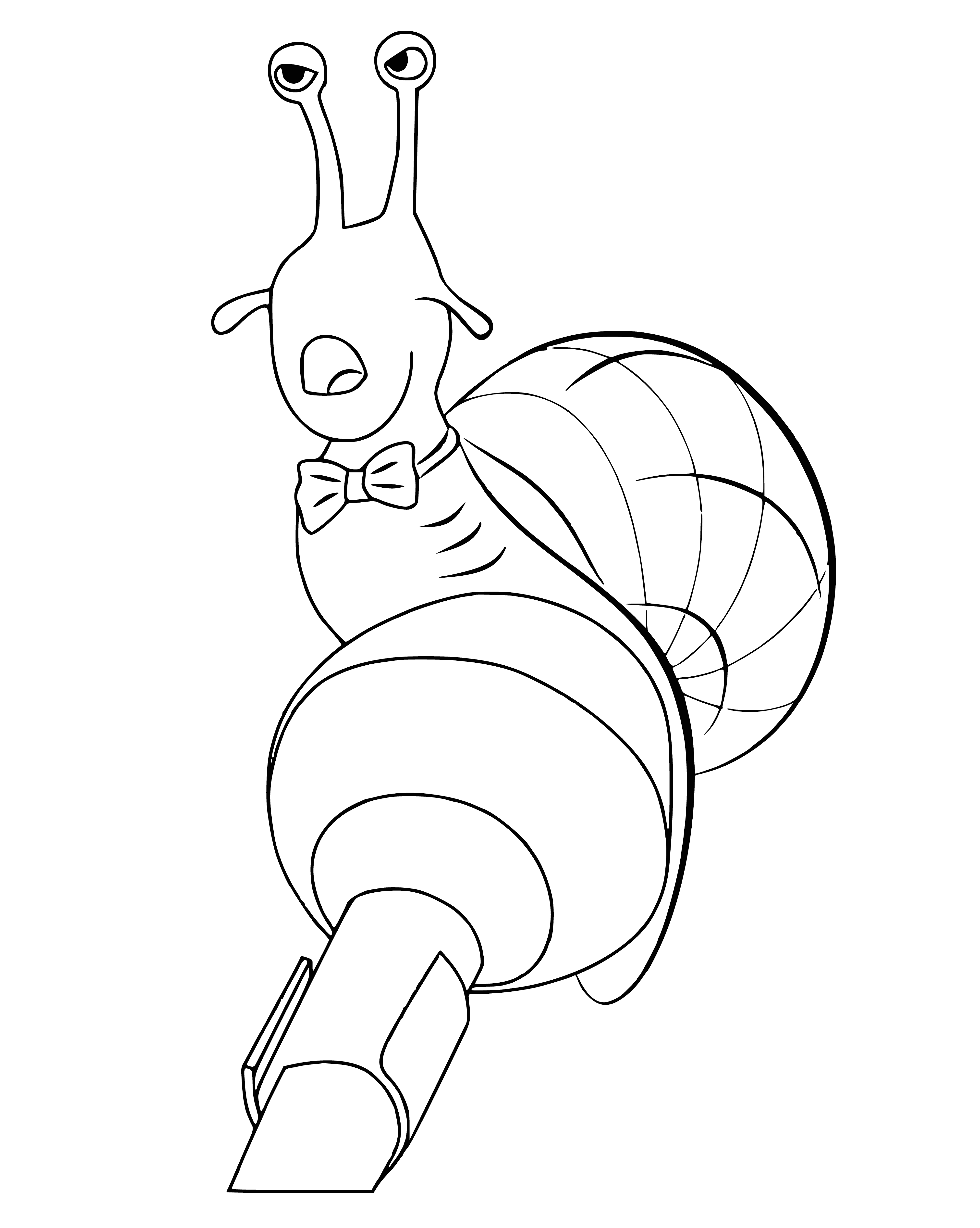 coloring page: Snail on green leaf with yellow flower has brown/white shell; eyes on head; long, thin, brown/white body; head facing left.
