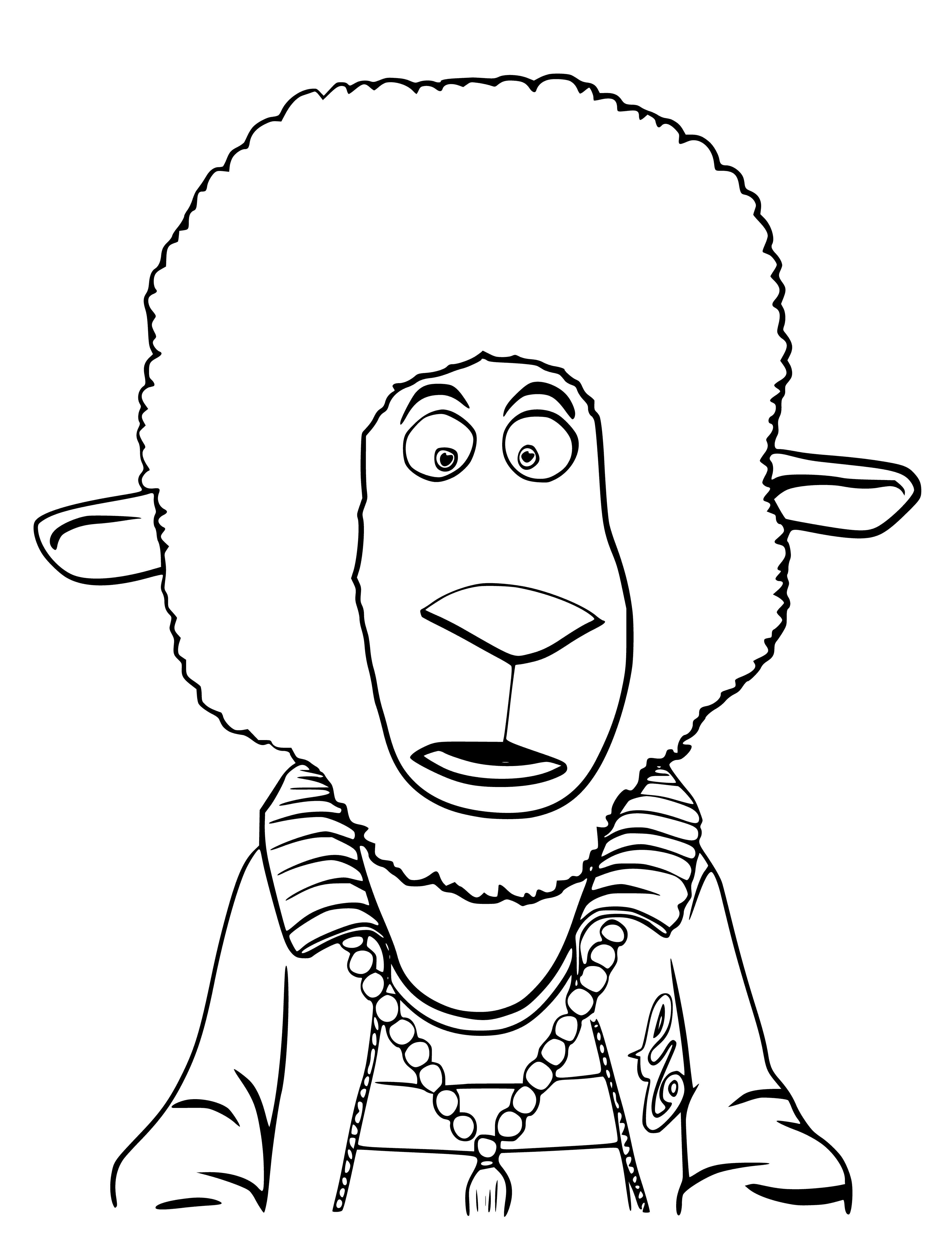 coloring page: Eddie is a singing sheep; white body, black face, short curly wool, neck, big eyes. He's standing in a sunny pasture, scarf around his neck, flowers & trees in the background.